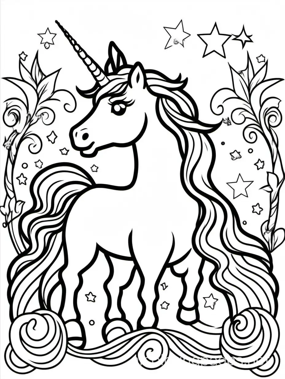 unicorn for kids, Coloring Page, black and white, line art, white background, Simplicity, Ample White Space. The background of the coloring page is plain white to make it easy for young children to color within the lines. The outlines of all the subjects are easy to distinguish, making it simple for kids to color without too much difficulty