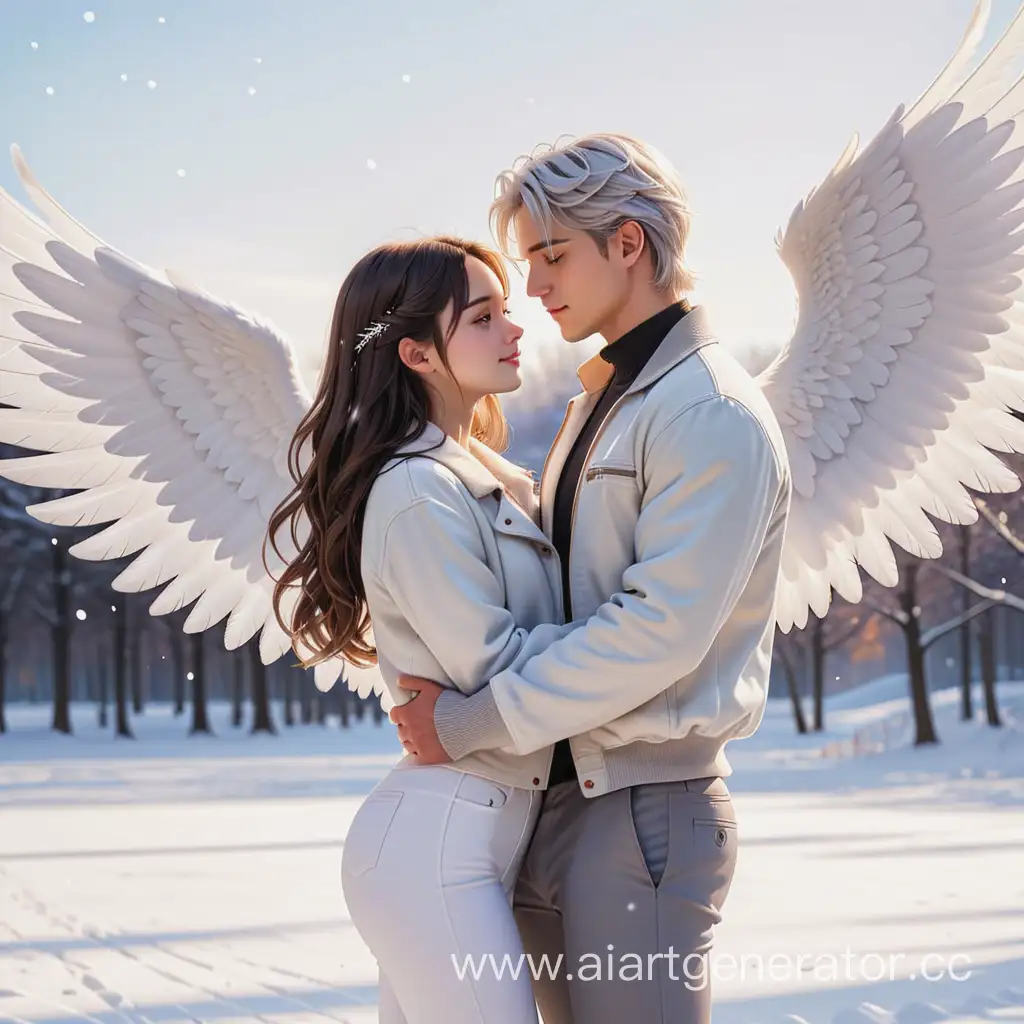 Парень ангел в белой куртке и серых штанах с белыми крыльями и светлыми волосами держит на руках девушку шатенку и смотрит на нее с любовью. На фоне белого снега