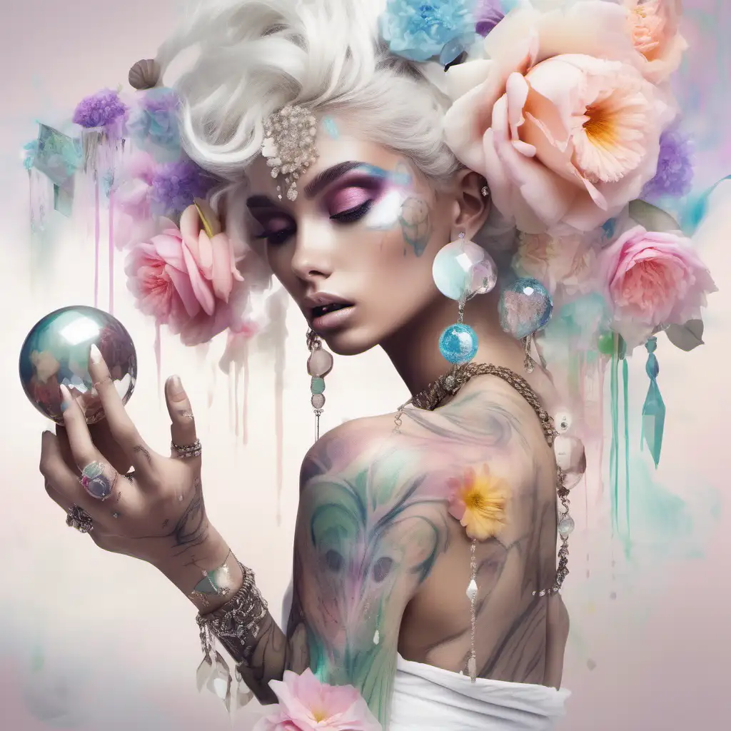 refined abstract exotic white model with pastel flowers that bleed into her hair, holding a mirror {big Jewelry{she has soft tattoos on her arms and shoulders} {3 crystal balls fly around her}.  copy and same colors same face

