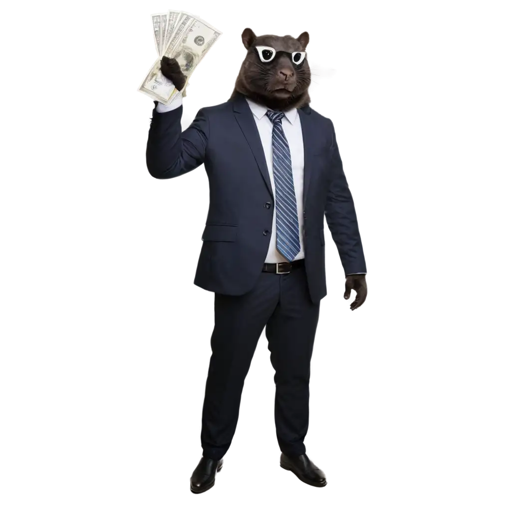 an animal in a suit throws money up