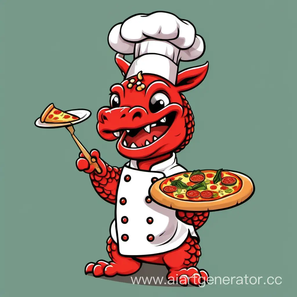 Китайский дракончик повар, у него в руках пицца и на нем шапочка повара