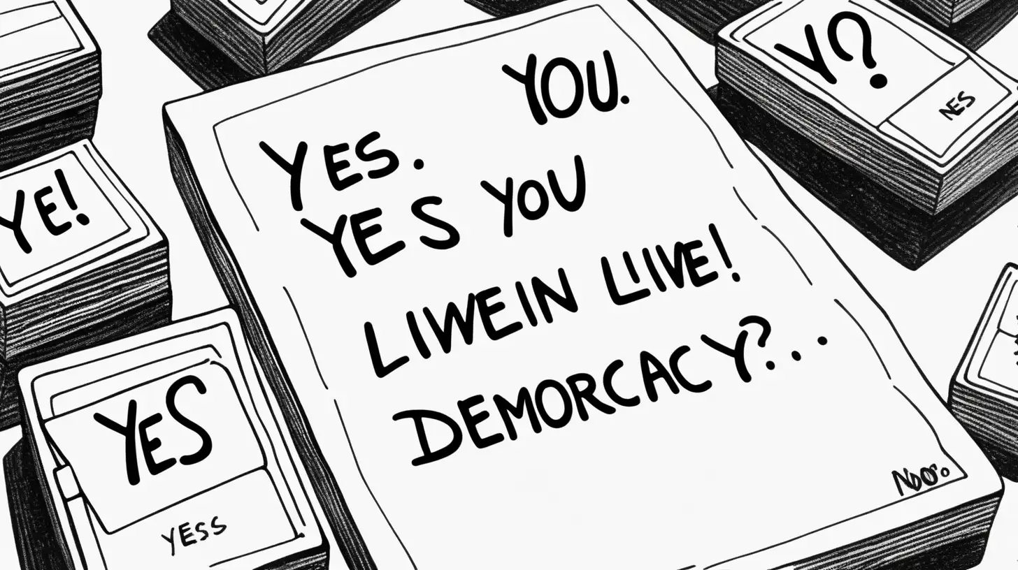 Show me a hand with a ballpoint pen over a piece of paper. The pen is located between two small boxes marked "Yes" and "No". The question above is: "Do you think you live in a democracy?", comic style.