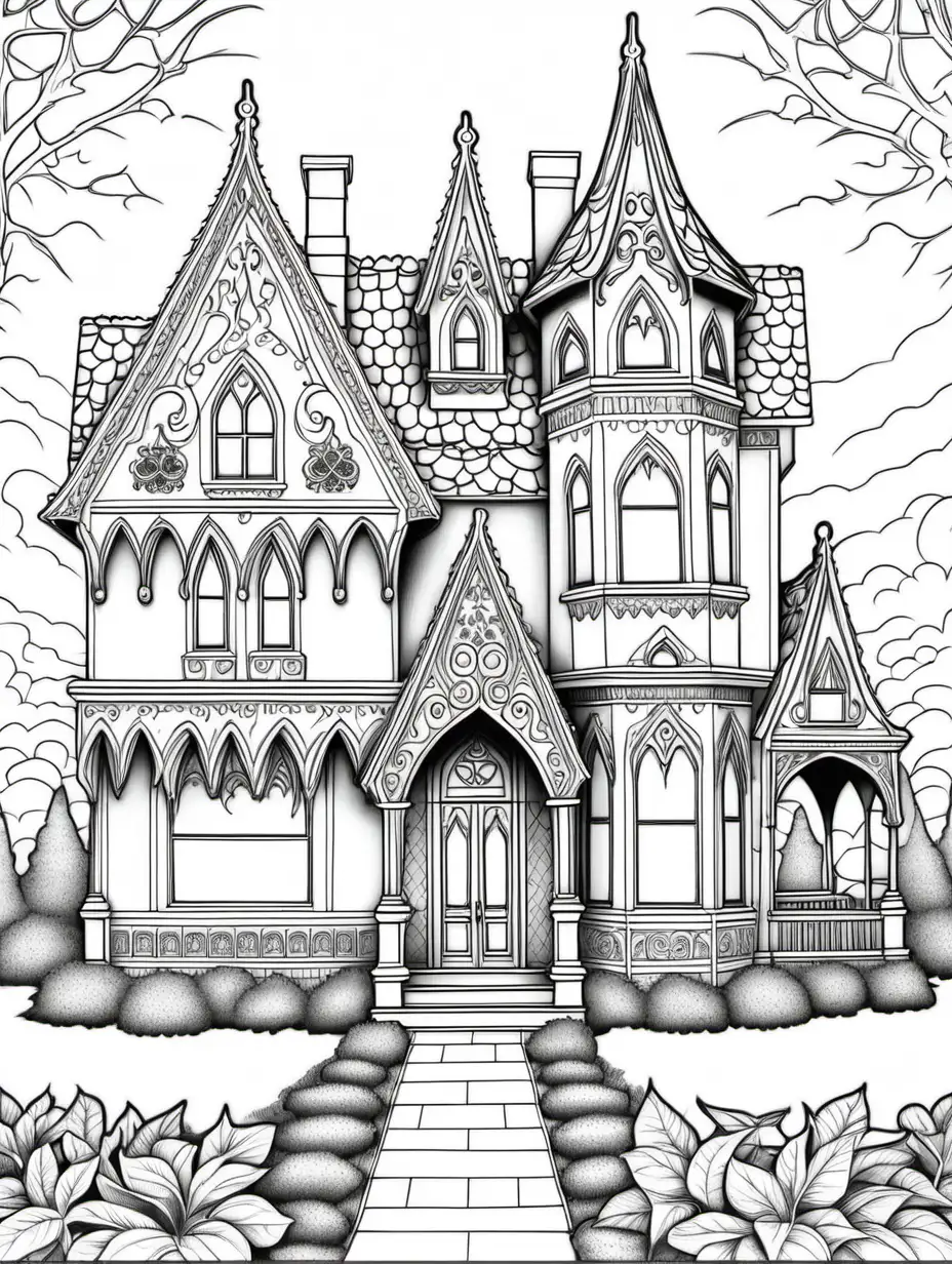 Enchanting Gothic Home Coloring Page with Intricate Gingerbread Trim