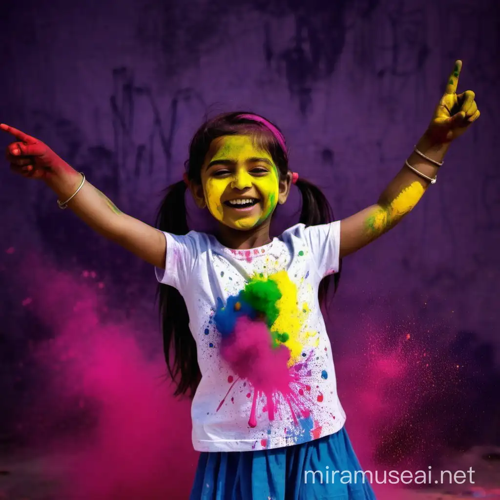 generate an image where the a young girl wearing a holi tshirt and celebrating holi in india 