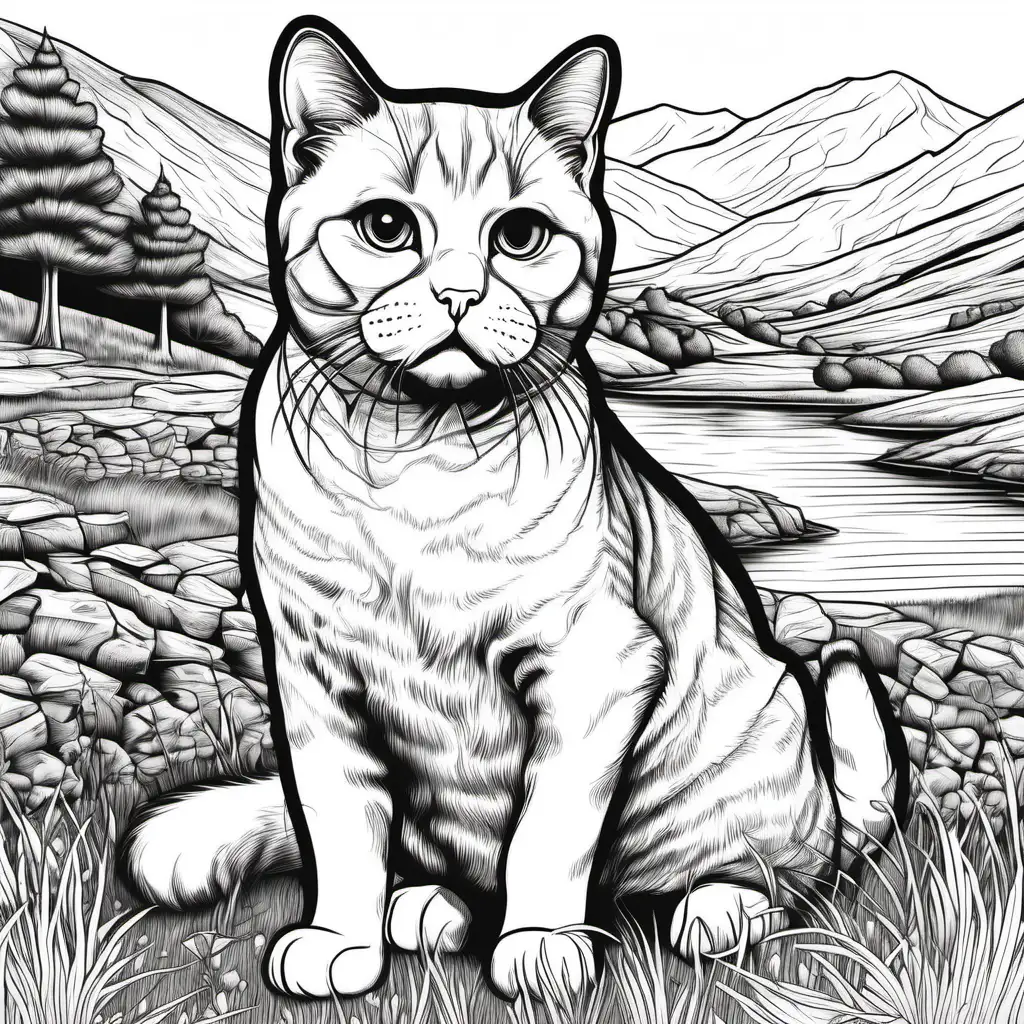 Generate a detailed and realistic coloring page designed for adults, featuring a full-body Scottish-Fold breed cat. Place the cat in a picturesque Scottish countryside setting. Ensure that the cat is the focal point of the image, sitting with a regal expression. The page should be filled with intricate details and in black and white, avoiding the use of grayscale. Aim to create a stress-relieving experience for adult artists by capturing the beauty of the Scottish landscape and the regality of the cat in a harmonious composition. Ensure that the 2D outline image fills the entire page.