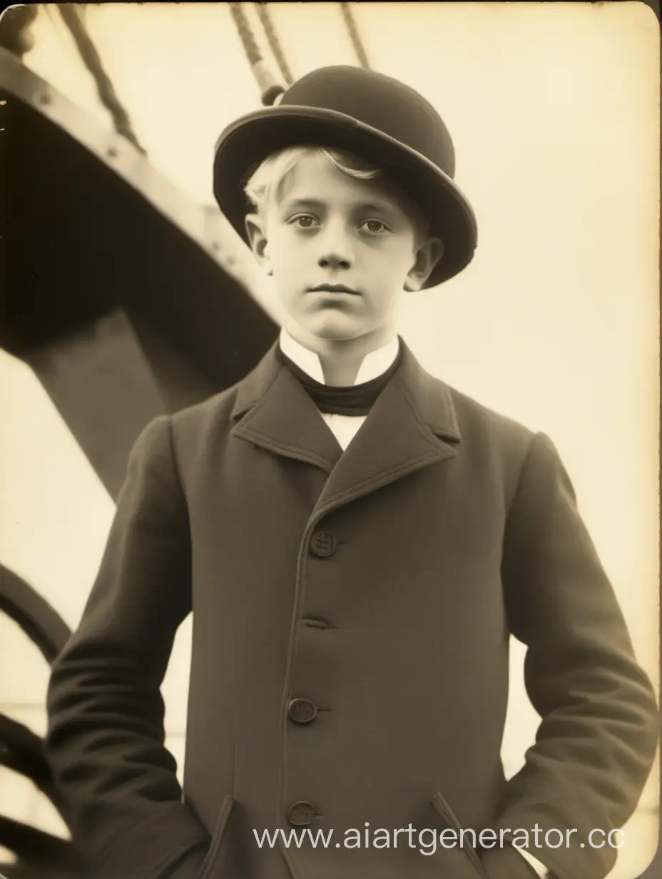 /img a slightly tall young jesuit priest of medium build. He is blond with rather soft features, wearing bowler hat and jacket. He is standing on a ship. Typical 1920 photo.