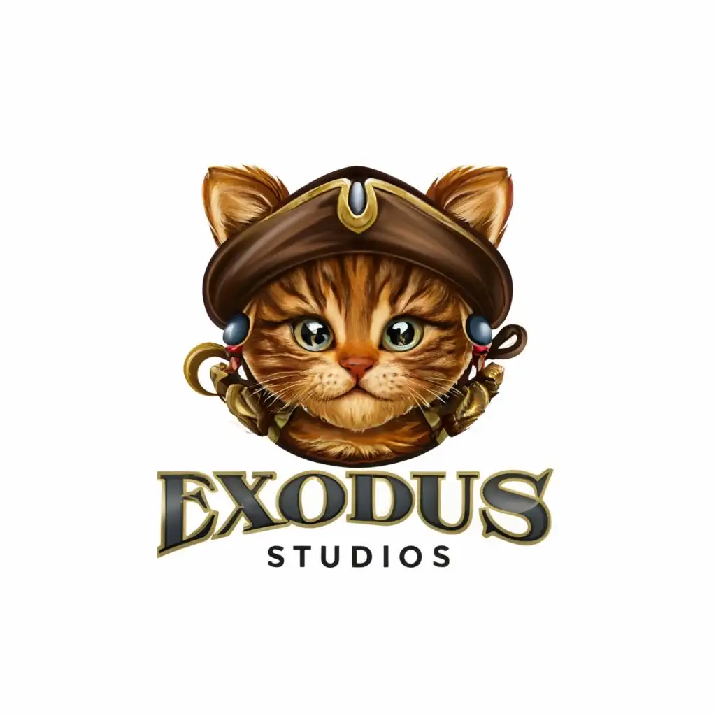 a logo design,with the text "Exodus Studios", main symbol:Brown Main Coon Kitten in pirate attire with headset on,Moderate,be used in Entertainment industry,clear background