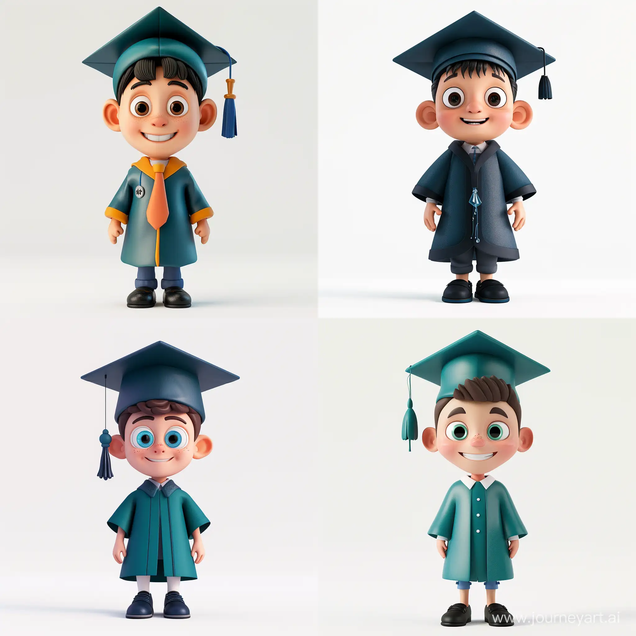 A cute doctoral student, wearing a bachelor's gown, with a tassel dripping from the bachelor's cap, smiling at the camera, wearing black loafers, white background, simple design, IP image, cute boy with crystal-like big eyes and fair skin, 3D cartoon, iconic character, mini character illustration. High-end natural vibrant coloring, high saturation, lively and harmonious, cute and colorful, delicate character design, Behance, organic sculpture, C4D style, cartoon realism, ray tracing, strong style expression, panoramic view --v 6 --ar 1:1 --no 39270