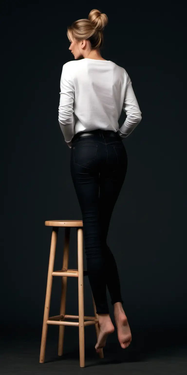 eine frau 28 sitzt auf einem hocker, sie ist von hinte zusehen, sie trägt eine enge schwarze jeans, sie trägt langärmiges weißes shirt und einen dunklen pullover darüber, sie ist dunkelblond, sie ist barfuß, sie trägt einen dutt