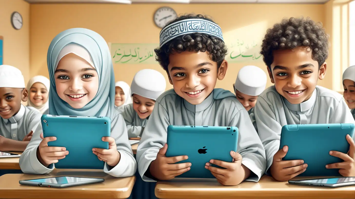 Islamic school 
happy boy and girl at class with ipads 