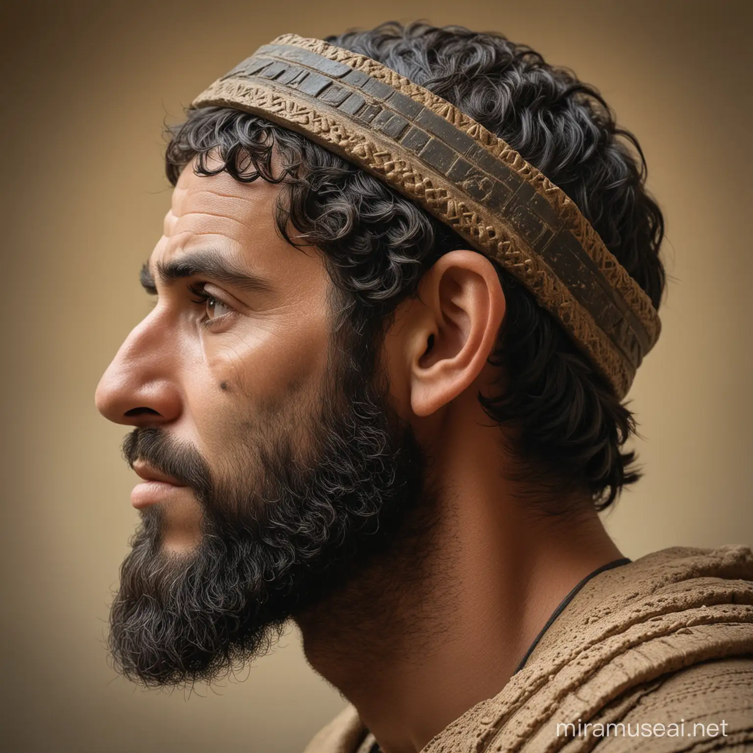 profile view of ancient babylonian man with somber look on his face
