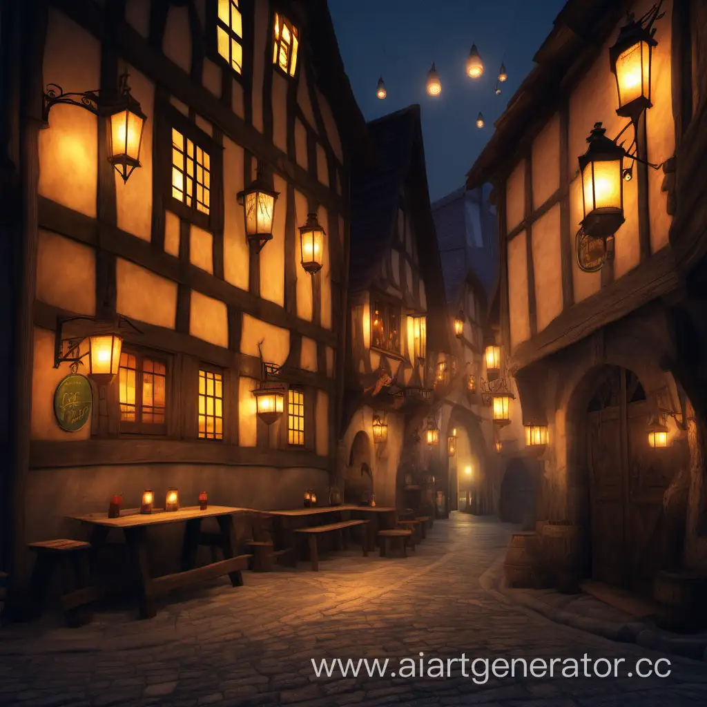 Medieval-Evening-View-Illuminated-Tavern-Street