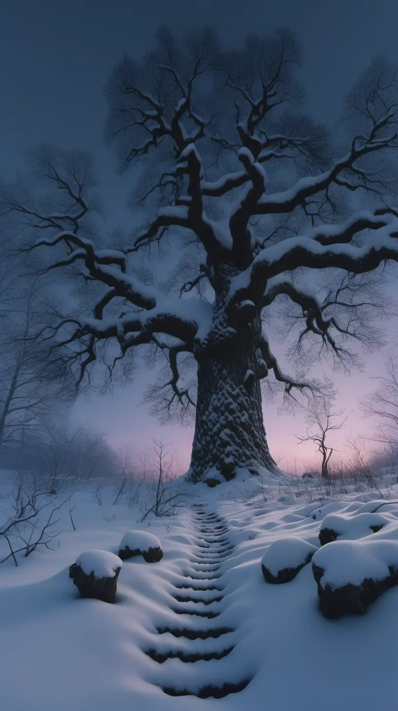 Enchanting Winter Scene Tranquil Twilight Snowscape with Ancient Oak Tree