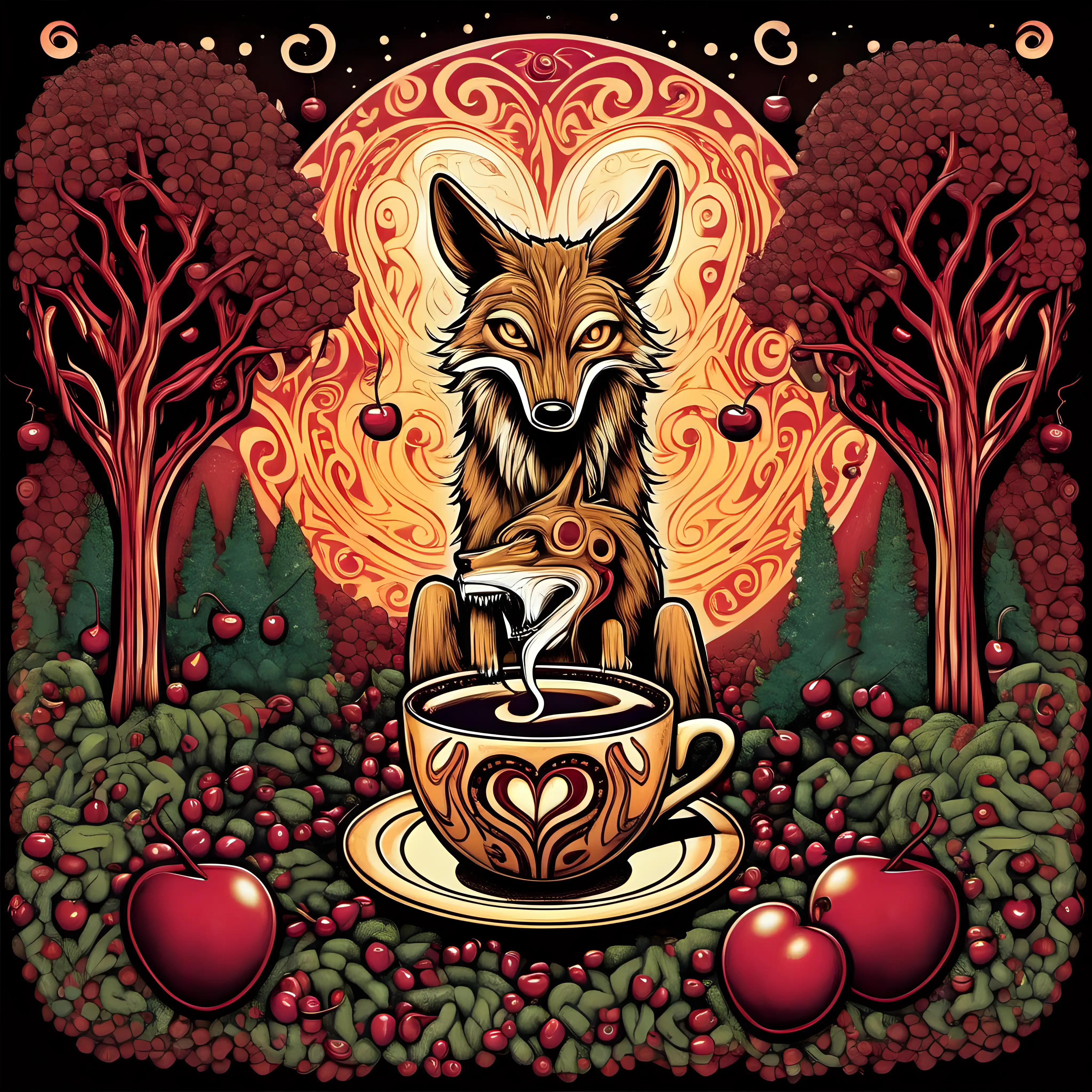 Hichol art. A Coyote in love with a coffee cup  in an astral trip. There are icon depictions of coffee trees with ripe cherries. 