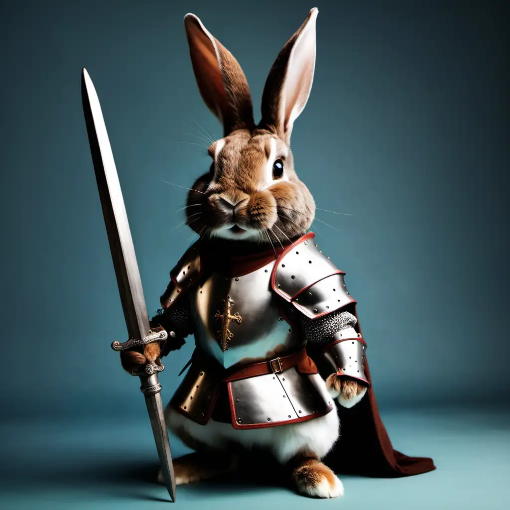 dark brown rabbit dressed like a knight.