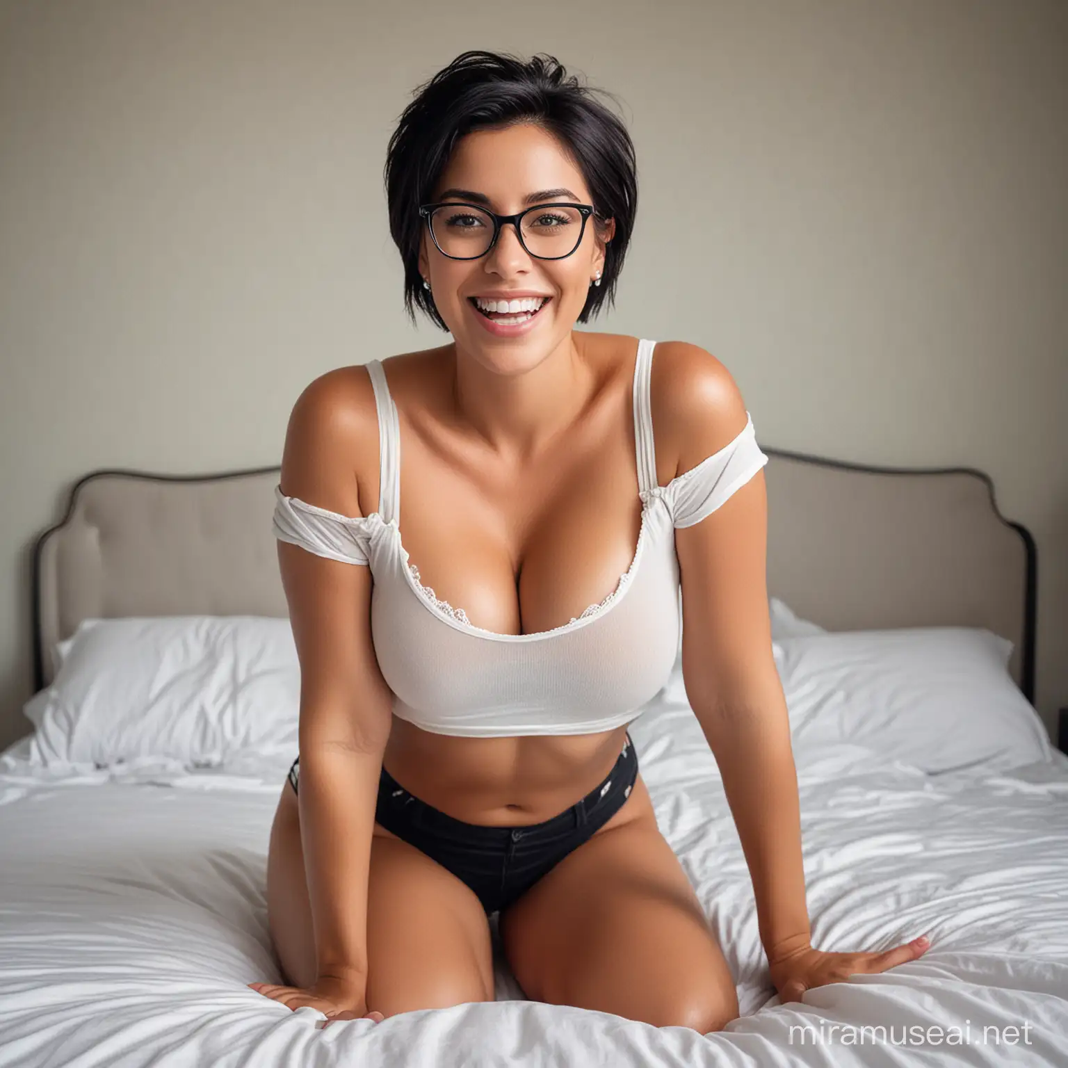 Beautiful Woman with Black Hair and Glasses Smiling on Bed