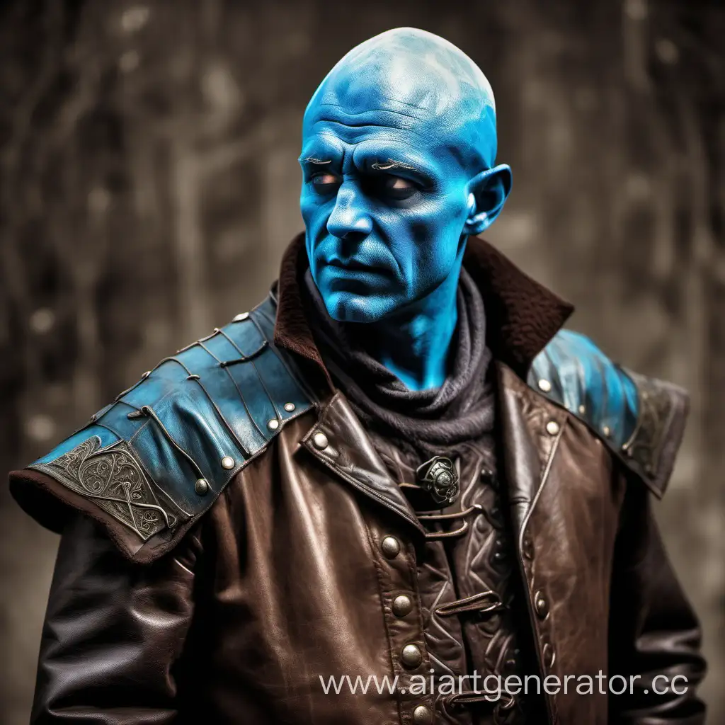 Forty-year-old man, blue head, old Medieval Leather brown Jacket, Fantasy vedalken