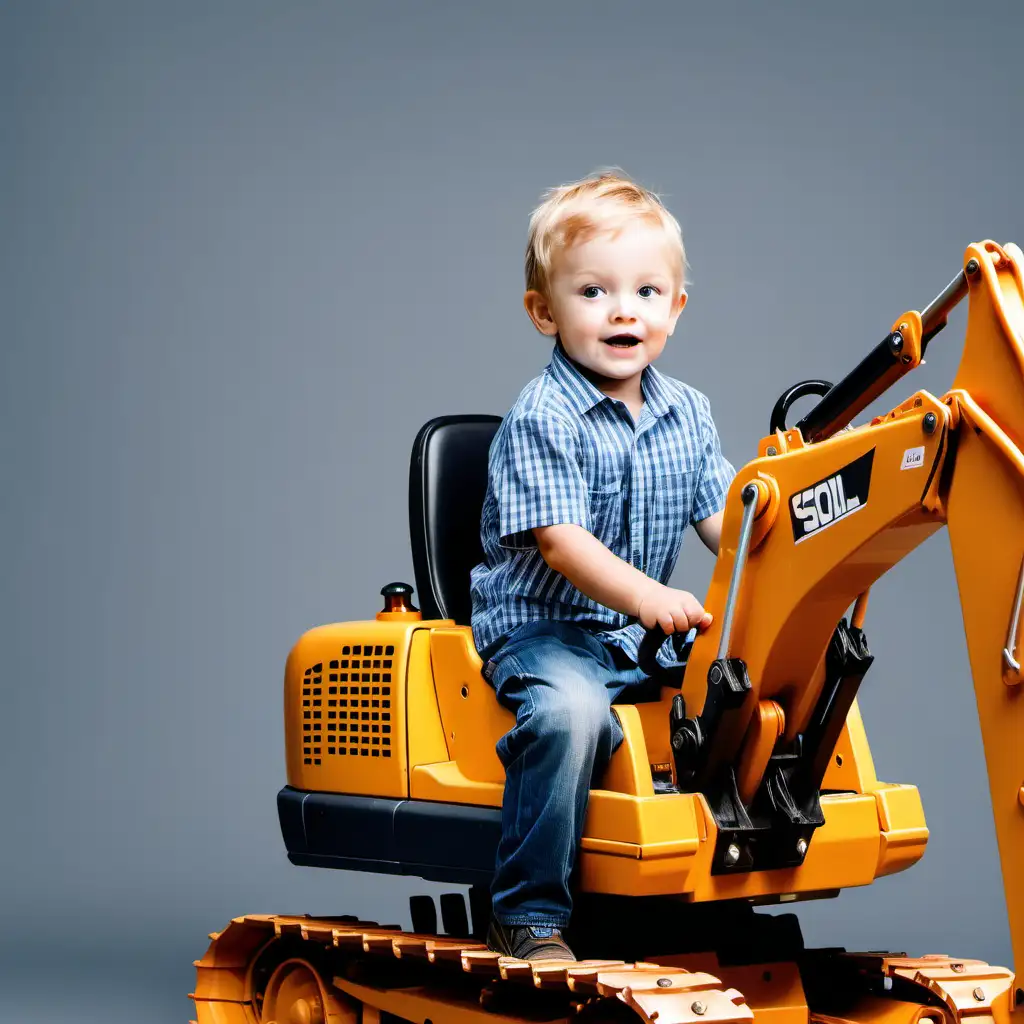 Little boy driving a excavator with a solid background
