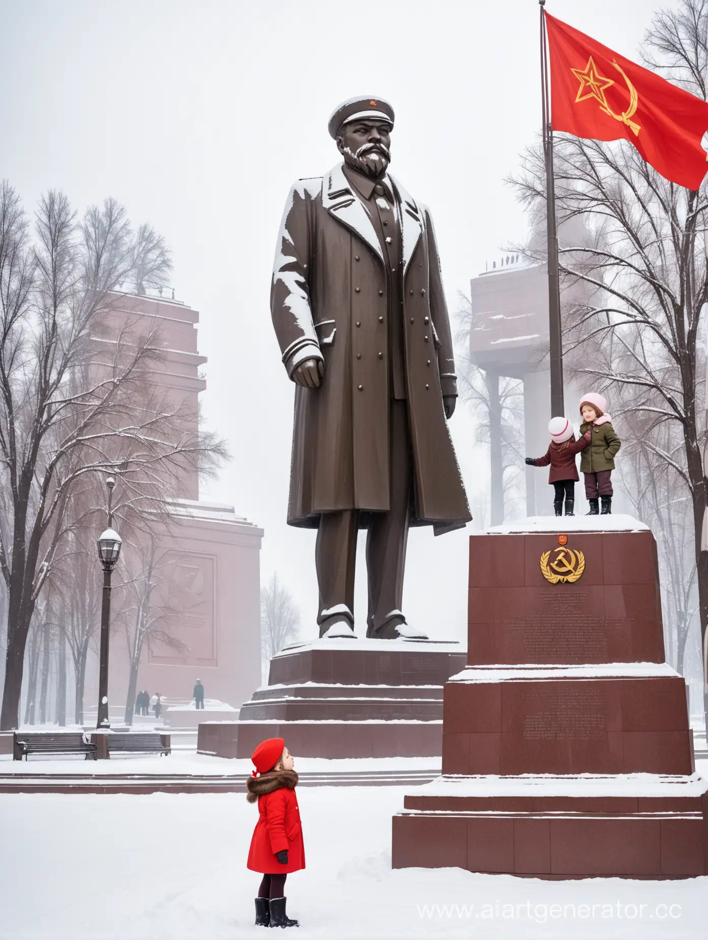 USSR, street, Lenin monument, a little girl in a hat with earflaps looks at the monument , the season is winter