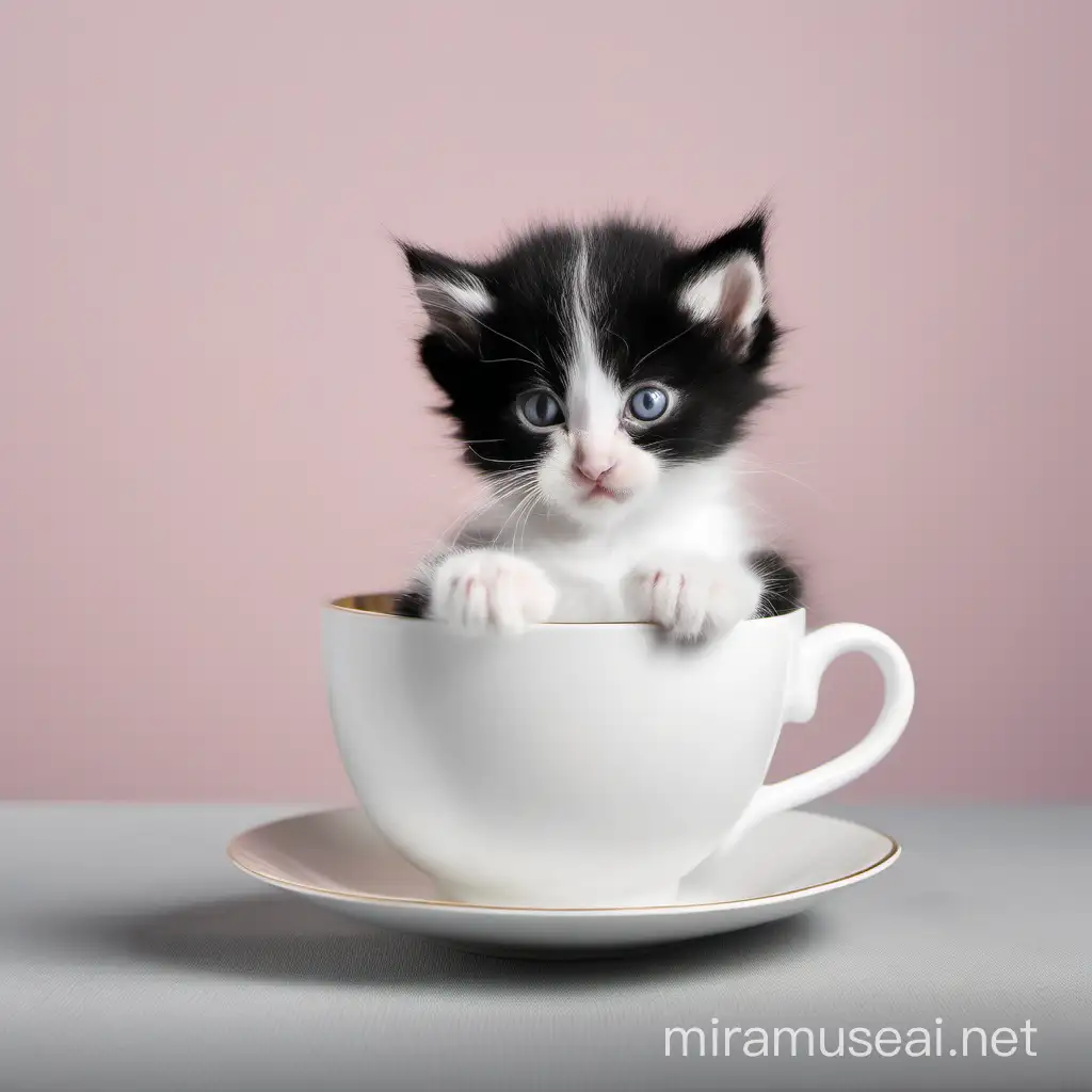 Black and white kitten sitting in a teacup wear eyeglasses
