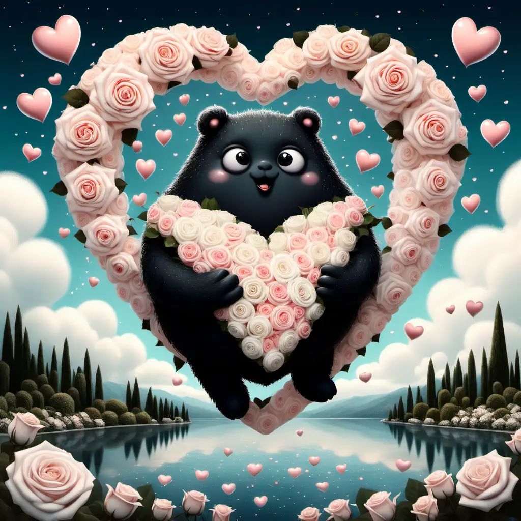 Cute fat heart  floating in the sky. Below it there is a lake of white roses. There a black fluffy cute creature with fat, round body,has  funny large eyes and holding rose in his hands. Its valantines day. Whimsical art, funny, cute