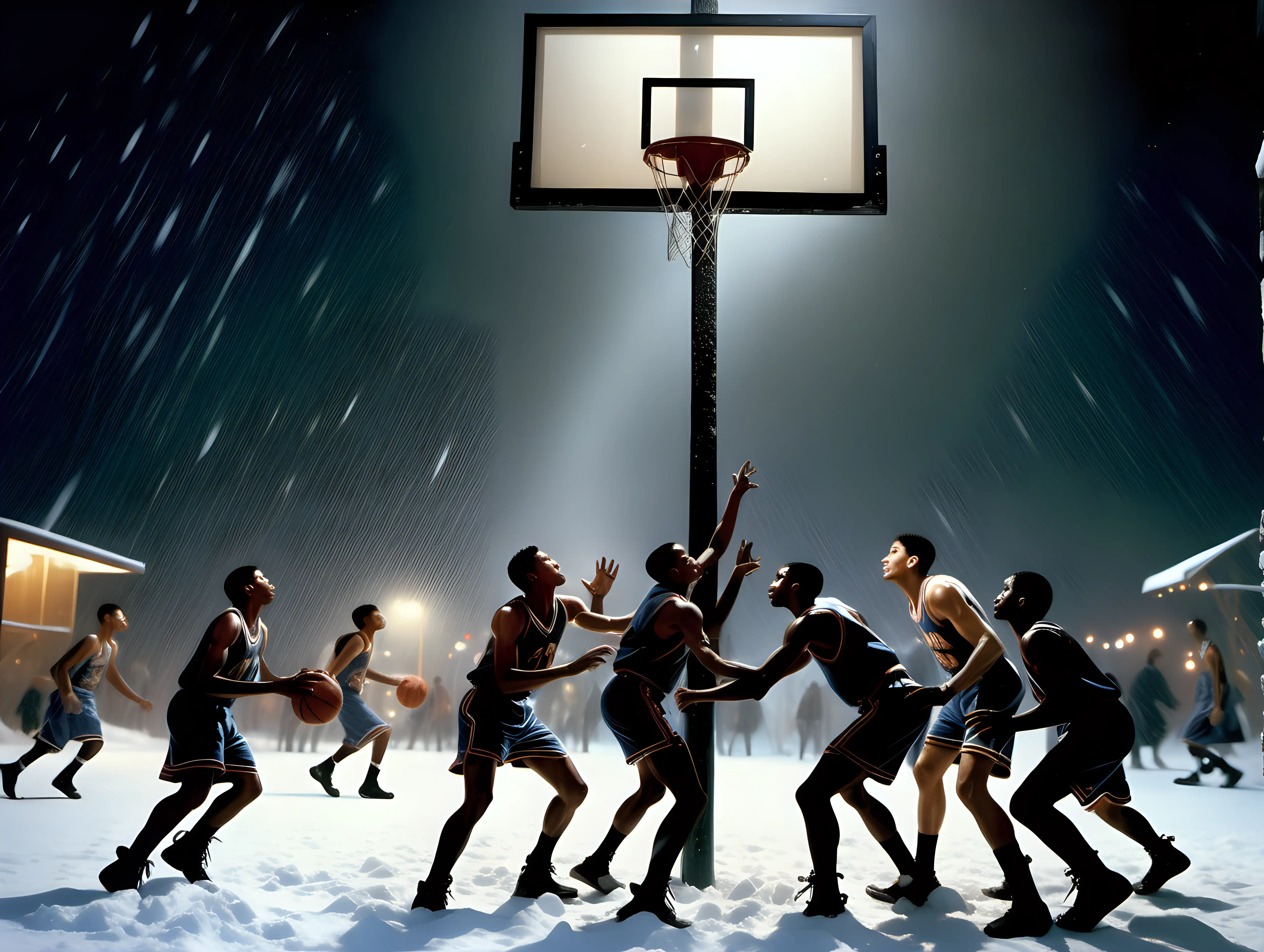 Basketball players at night at a NYC playground in a snow storm by frank frazetta and annie leibovitz, photograph, tilted frame and close up