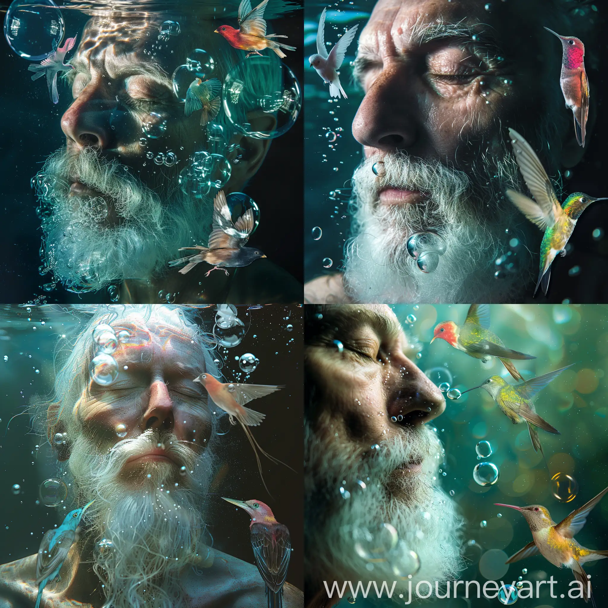 Serene-WhiteBearded-Man-Submerged-with-Tranquil-Bubbles-and-Transparent-Birds