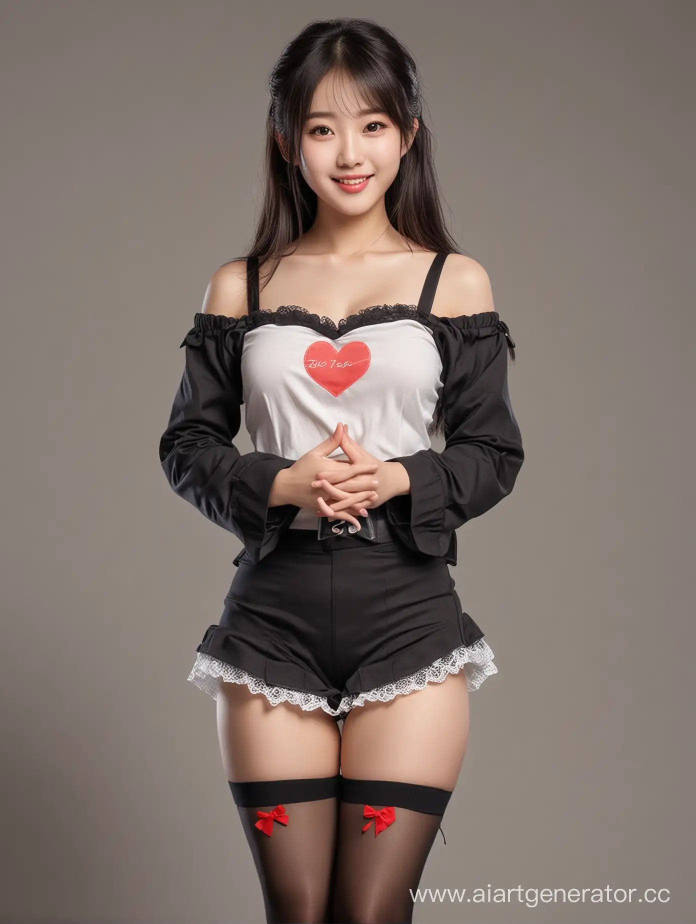 用写实风格绘制一个甜美的东亚女生，身高155～160cm，喜欢穿黑丝袜和可爱的衣服，笑容甜美。人物面向镜头，身体摆出一个双手呈心形姿势，中景构图，确保图像中包含人物的大腿以上部分。