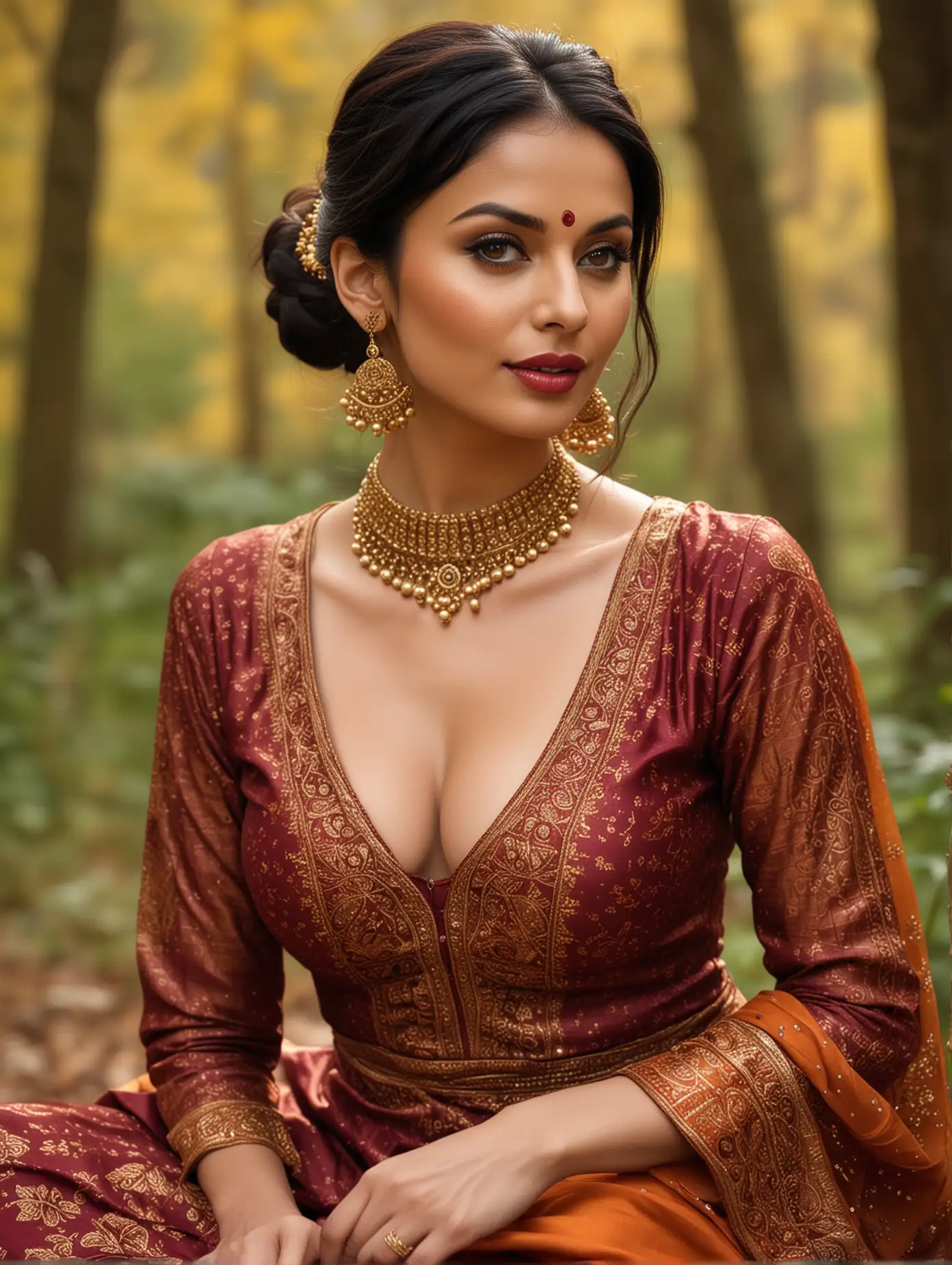 Very stunning, beautiful and sexy 30 year old British woman sensually dressed in an expensive maroon and orange Indian salwaar kameez, glossy look, seductive look, maroon lipstick, bun hairstyle, black hair, glow on face, intricate details, sitting in front of forest, only face, upper-body and background shown, blurry background, no hands shown, vivid colours, 4k, photo realistic 