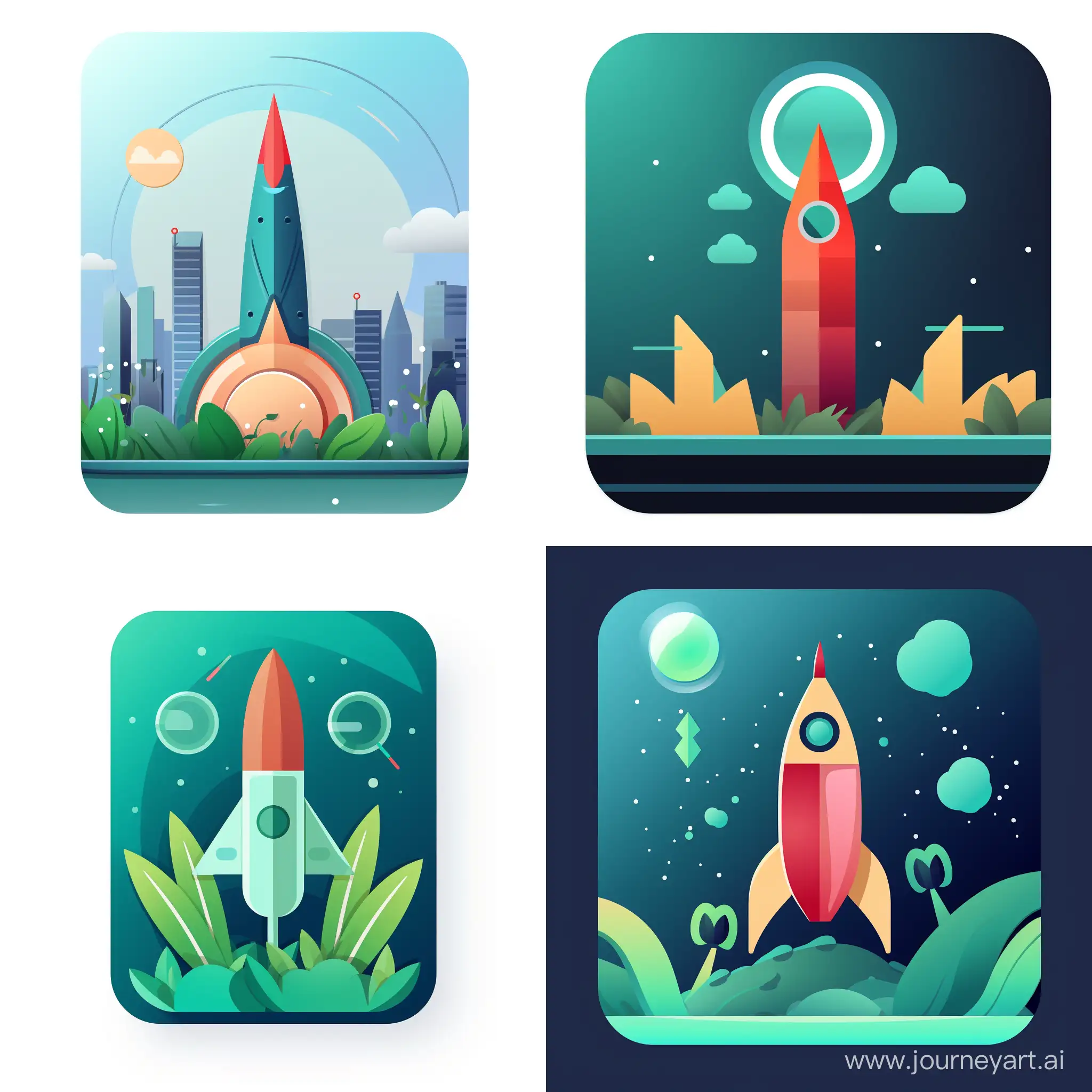 Design a flat vector iOS app logo icon, squared with round edges, a rocket taking off from a sprout, symbolizing the growth of both investments and knowledge from small beginnings. In the background, upwards line charts symbolize financial market growth.