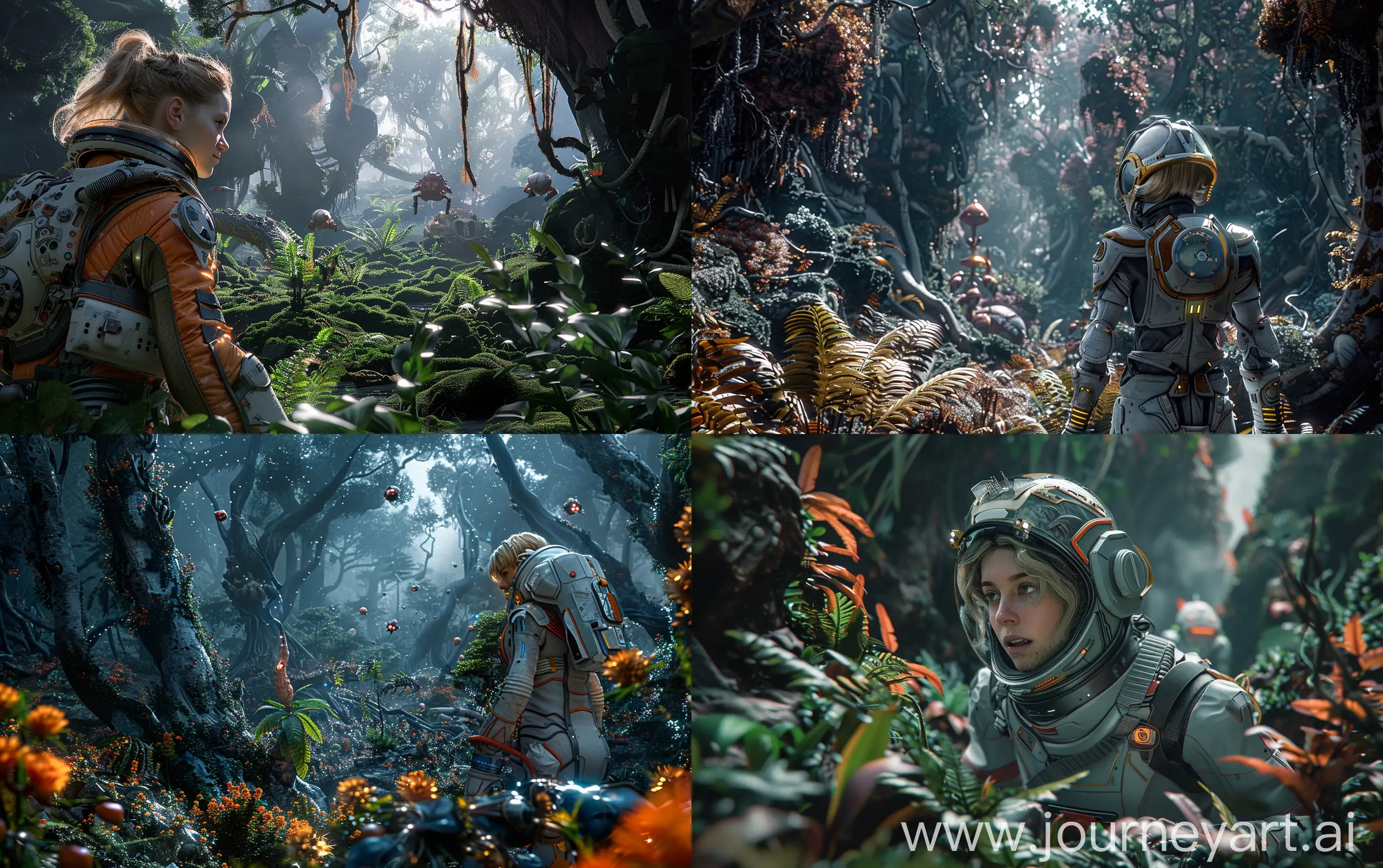 An attractive fair hair model in a spacesuit is exploring a mystierious cosmo fiction planet in a fantastic forest with strange sci-fi plants and trees, fantastic friendly life forms at the distance, super realistic, cinematic --ar 16:10