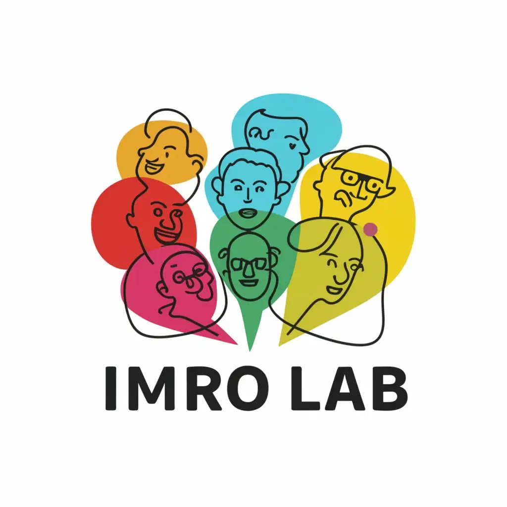 a logo design,with the text "IMPRO LAB Improvisational play", main symbol:improvisation social people thoughts stand-up,complex,clear background