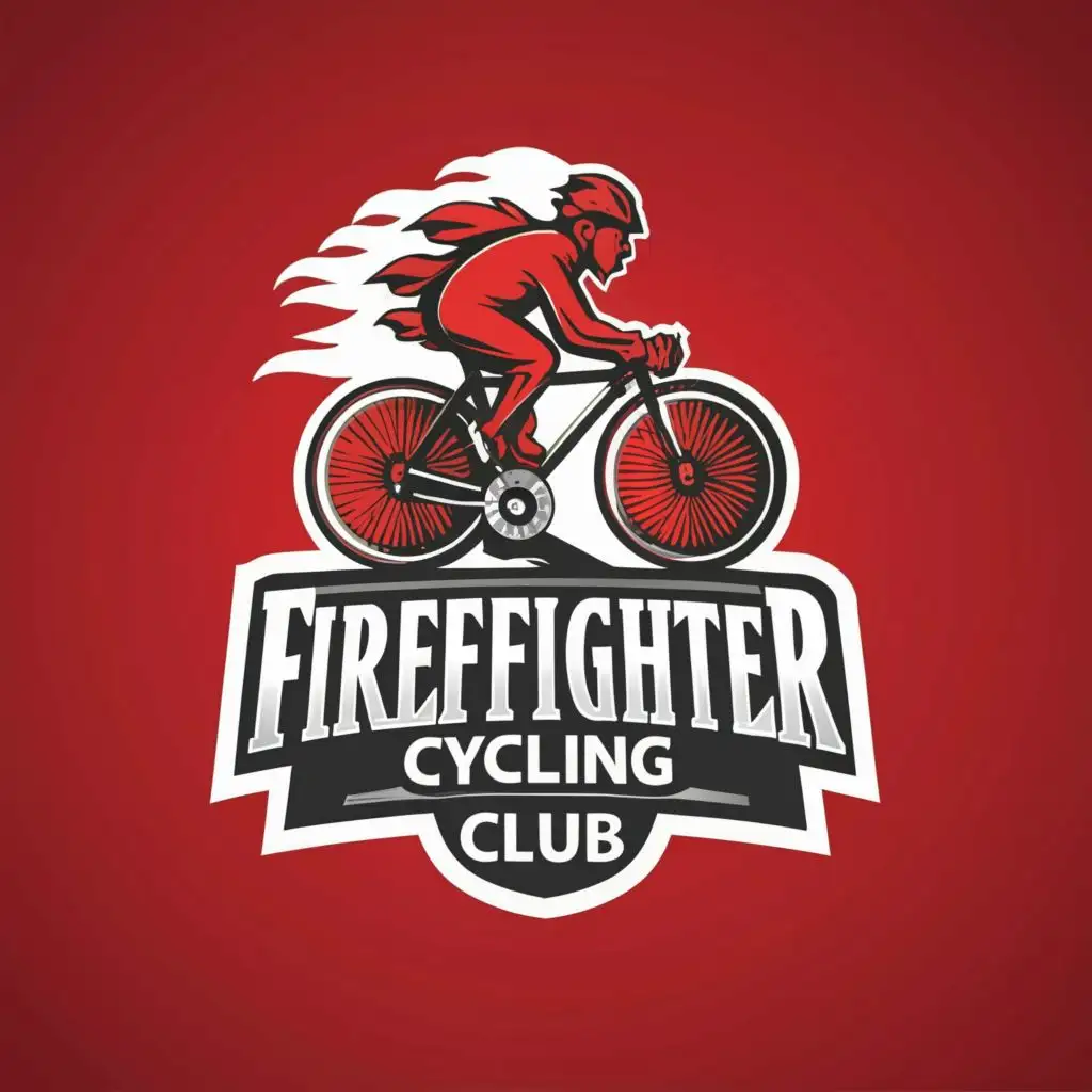 a logo design,with the text 'Firefighter Cycling Club', main symbol:Bike/Firefighter/ flame coming from his back,complex,be used in Sports Fitness industry,clear background