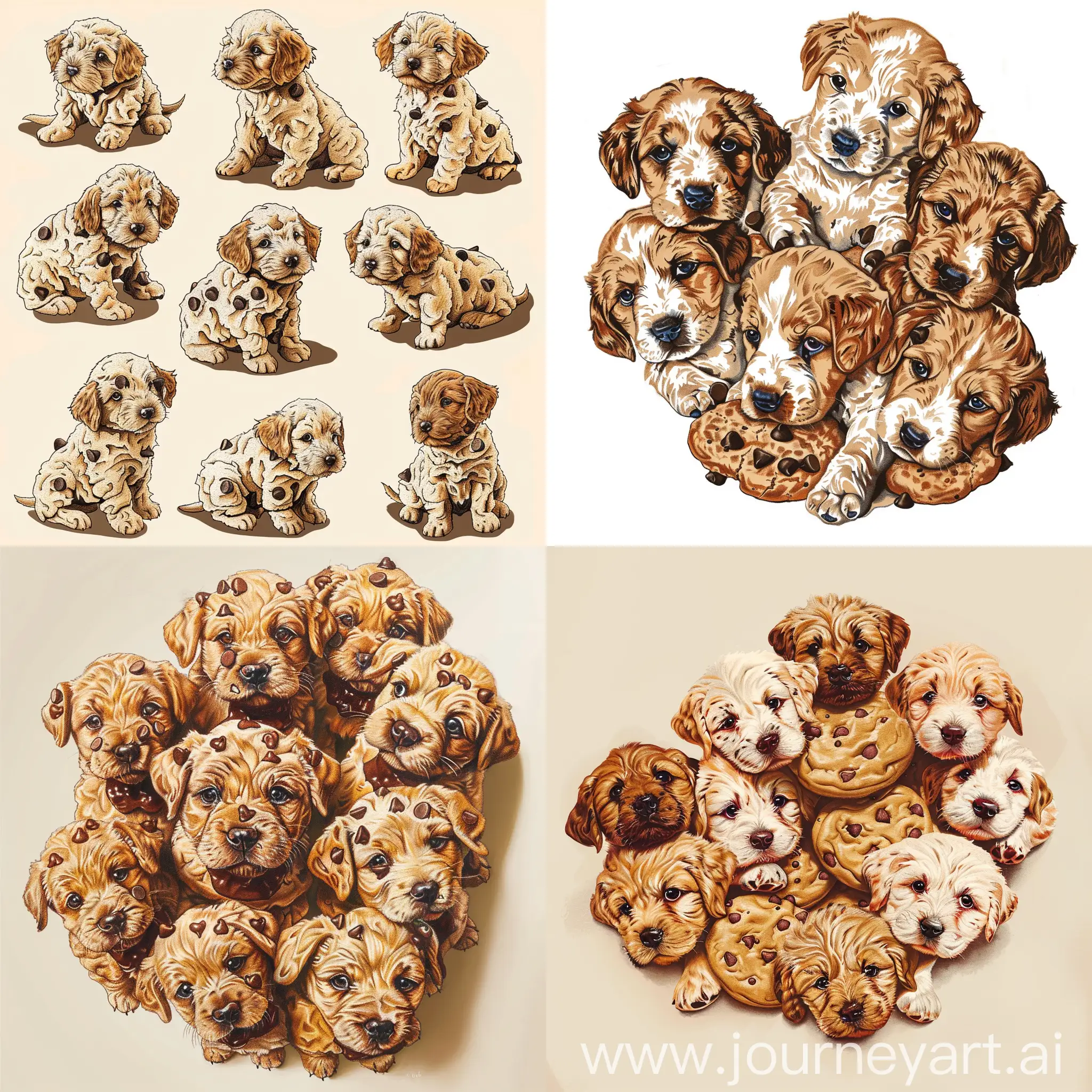 Detailed digital drawing of puppies made from chocolate chip cookies