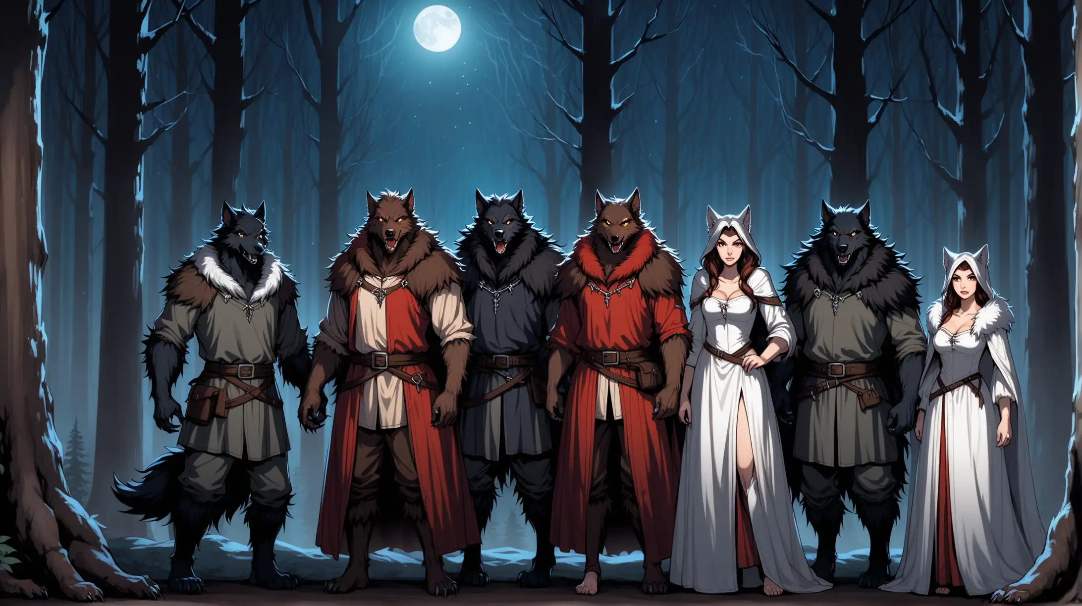 group of male and female werewolves, black fur, brown fur, red fur, gray fur, white fur, European forest, night, Medieval fantasy
