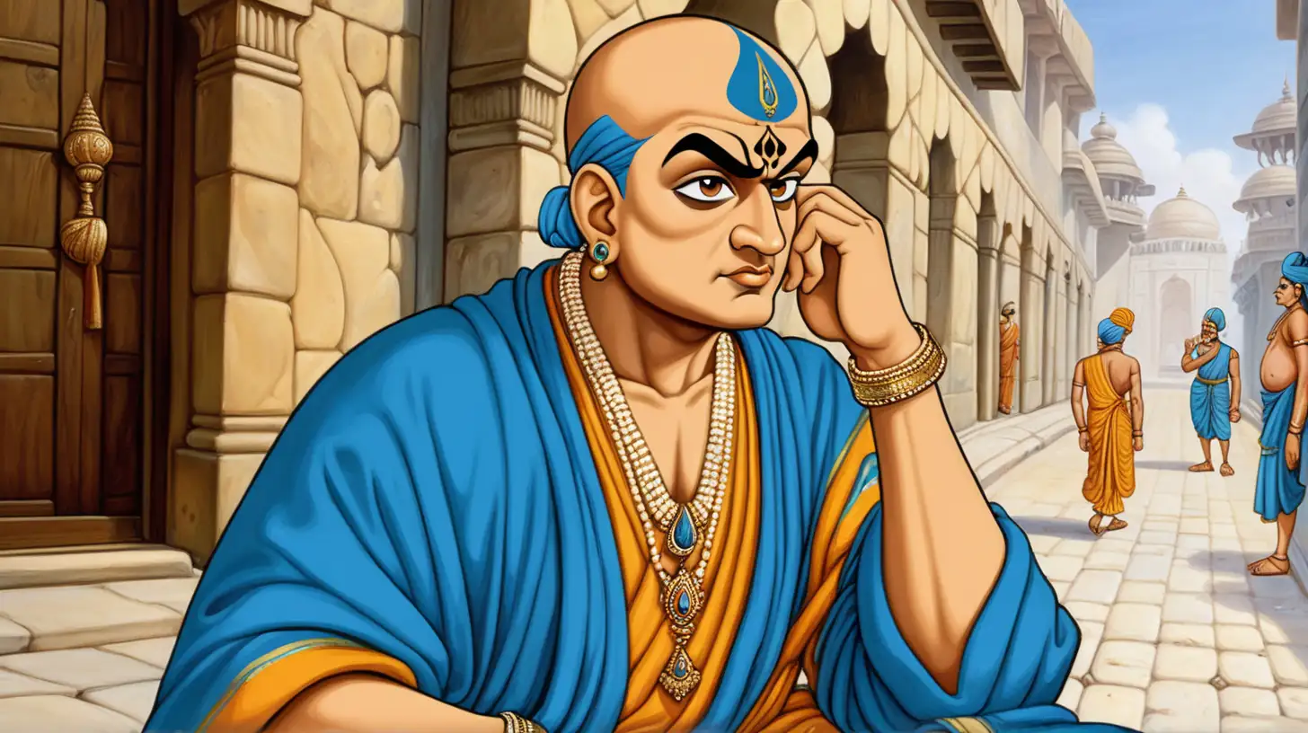 tenali raman a young minister of Indian king dressed in a blue robe and wearing some jwellary and a bald head thinking on the side of a street