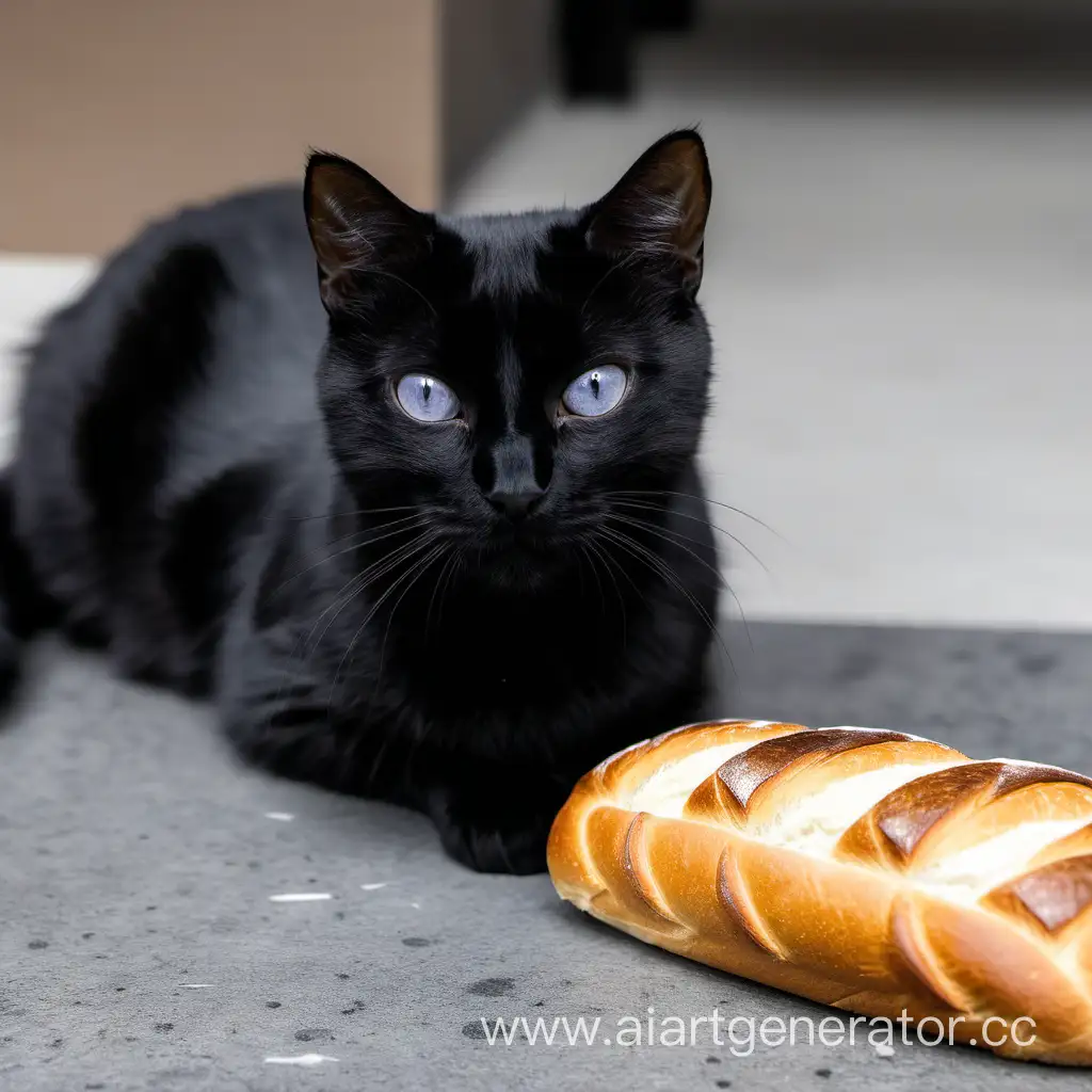 black cat with a French loaf in his paws