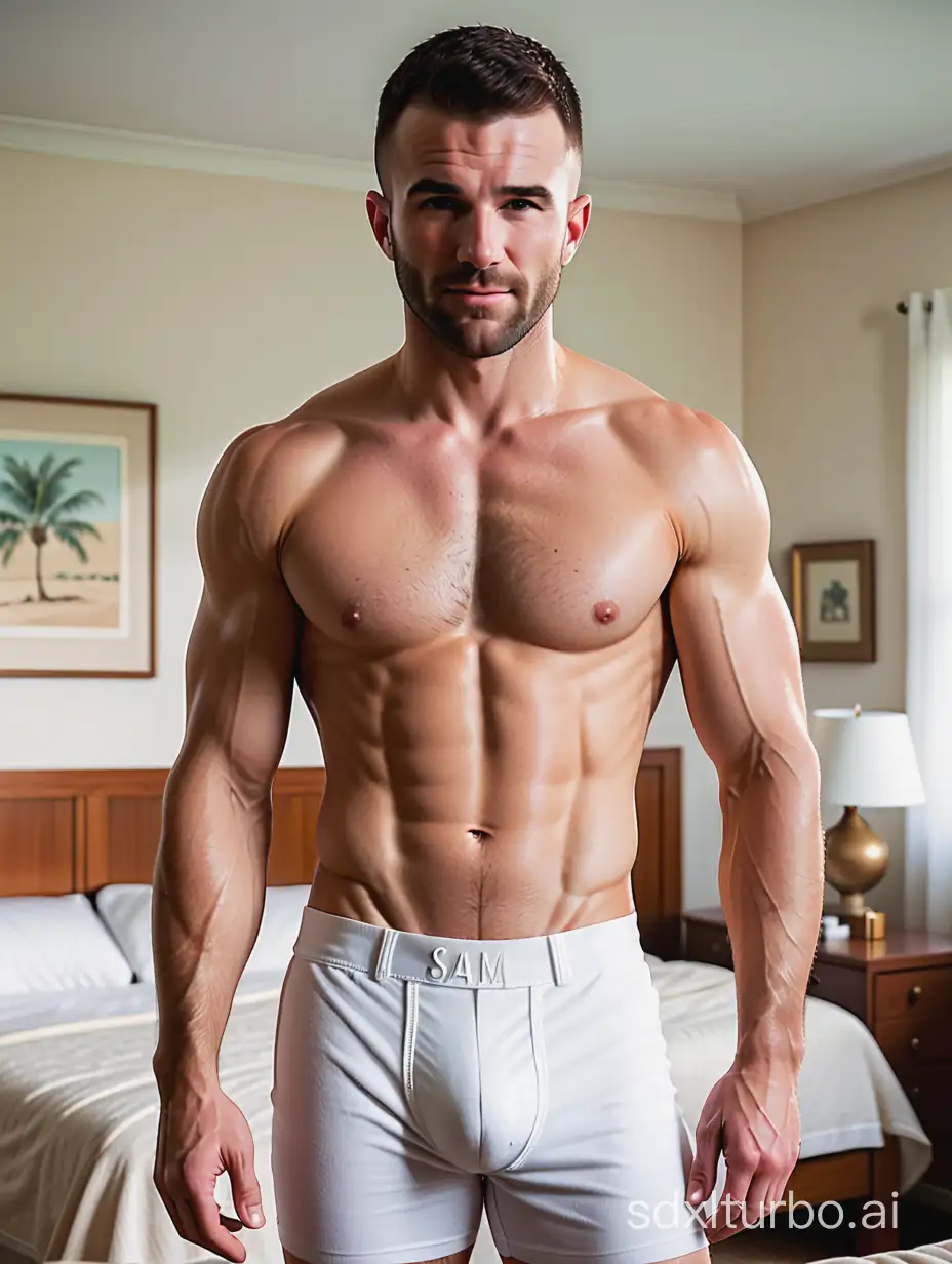 Sam Hunt with ripped eight pack abs, shirtless in white boxers in 1950s suburban LA bedroom, face and body photo, 16k, medium shot, very high quality, very high resolution, fitness, macho, virile, masculine, sexy, youthful,