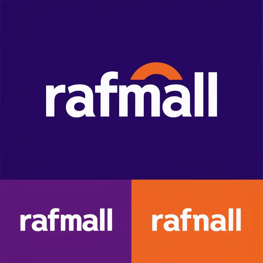 logo, Prompt Logo, Application, with the text "RafMall", typography, for use in the Internet industry. Make it with purple background and for the last one use white and orange color., with the text "RafMall", typography