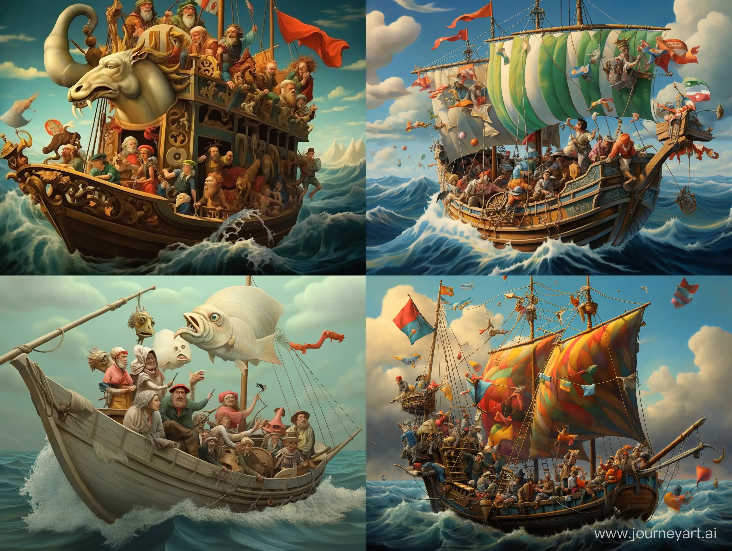 Whimsical-Ship-of-Fools-Sailing-on-the-Sea-Artwork