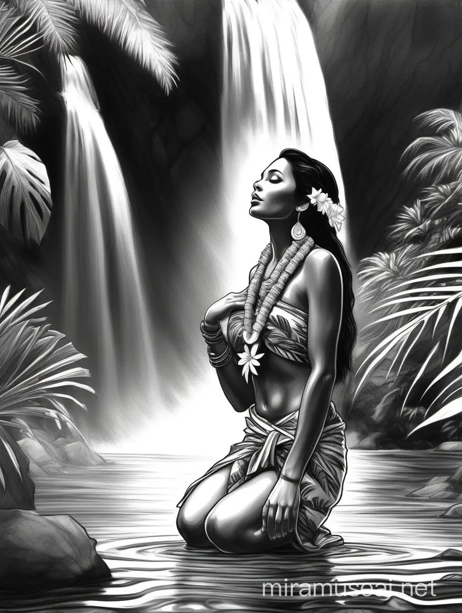 draw me a black-and-white picture with a white background nad lots of detail, A beautiful exotic woman dressed in tropical clothing with a lei and a sarong, she is kneeling at a waterfall looking up at the sun. her skin is soft and she is radiant.