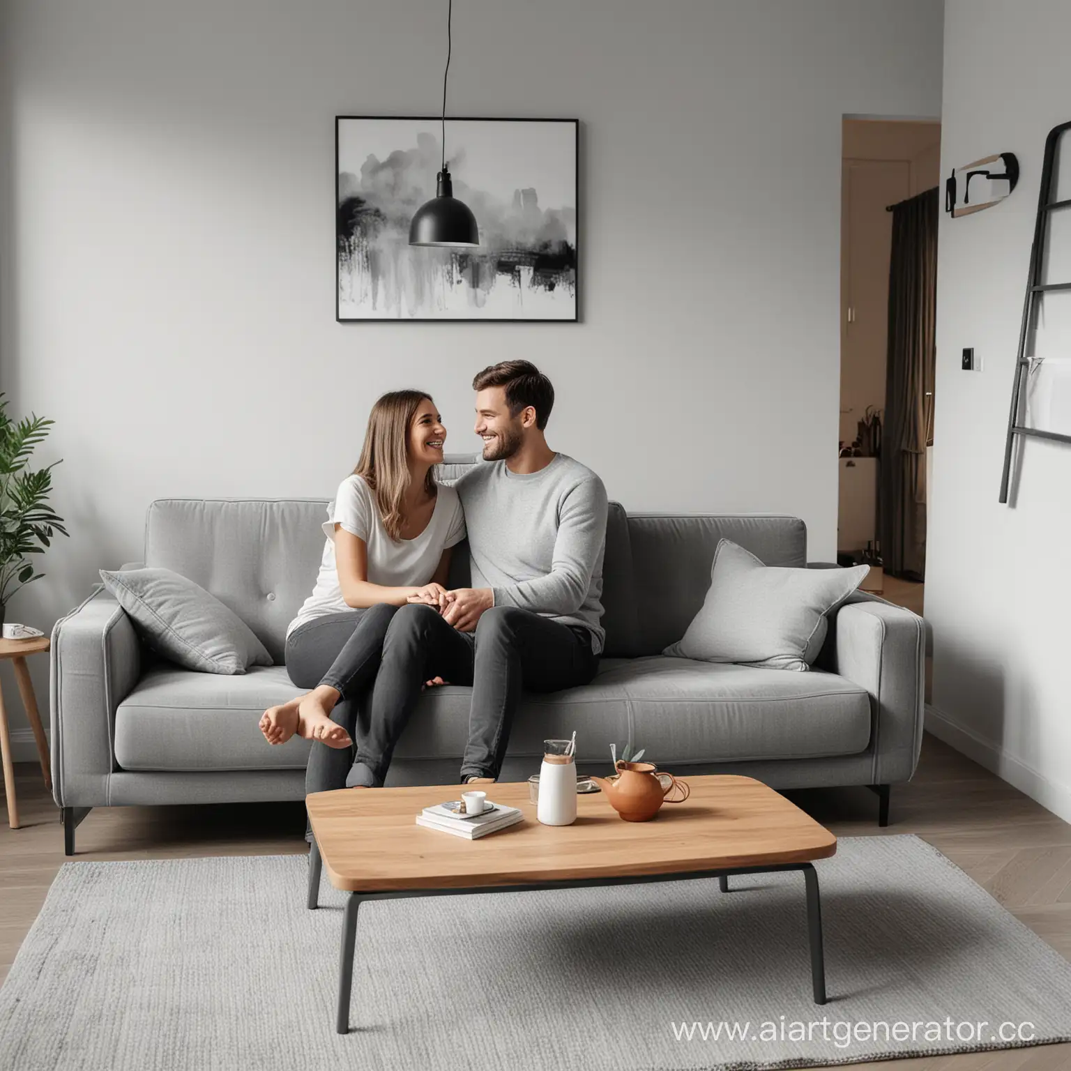 Сгенерируй дизайн квартиры в серых тонах где на диване сидит счастливая пара 