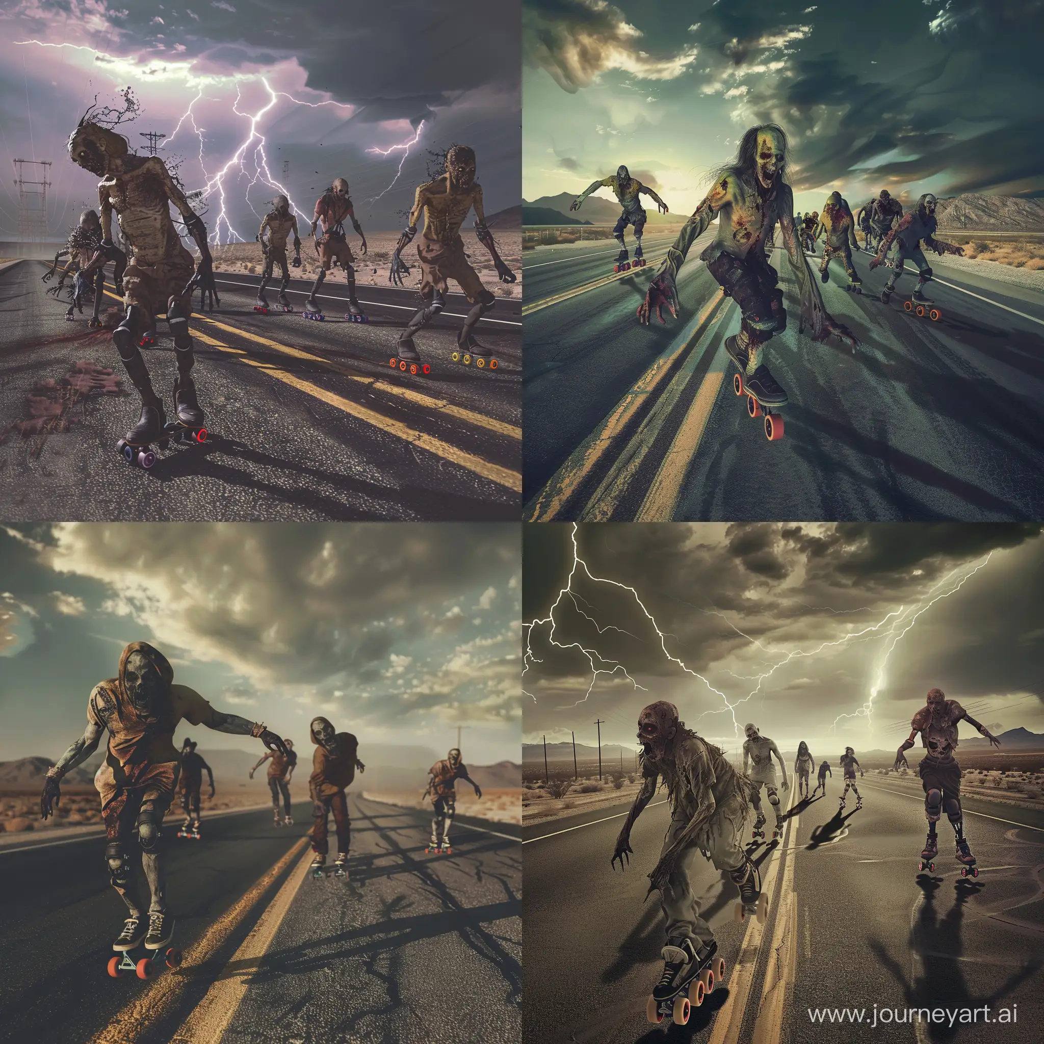 photo-realistic, a group of zombies roller skate down a desolate dessert highway,atmospheric lighting