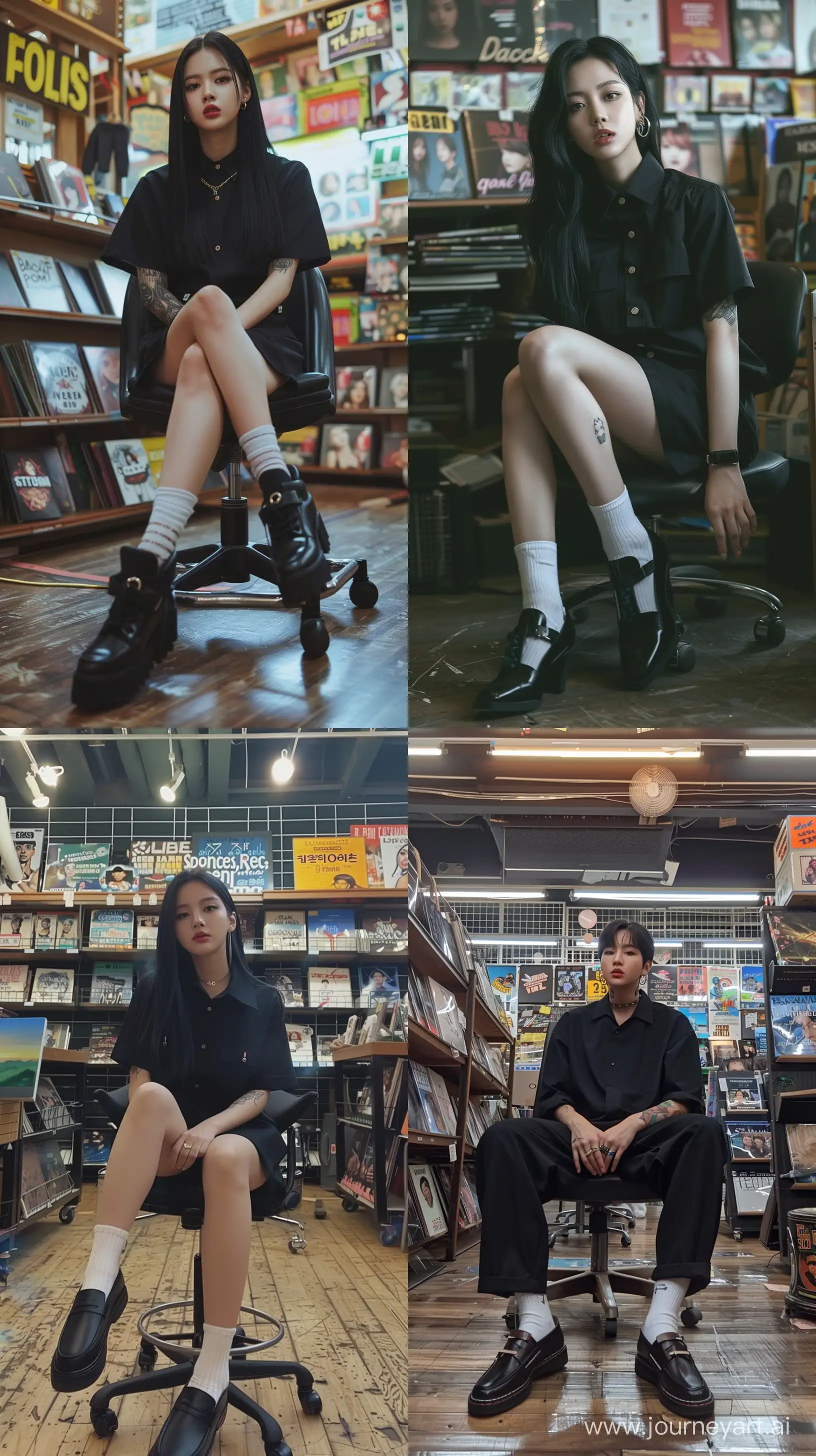 a photo of blackpink's jennie ,wearing black shirt and black short pants with black loafers shoes, white socks, sit on chair in album store , black hair,cute tattoo, --ar 9:16 --stylize 250