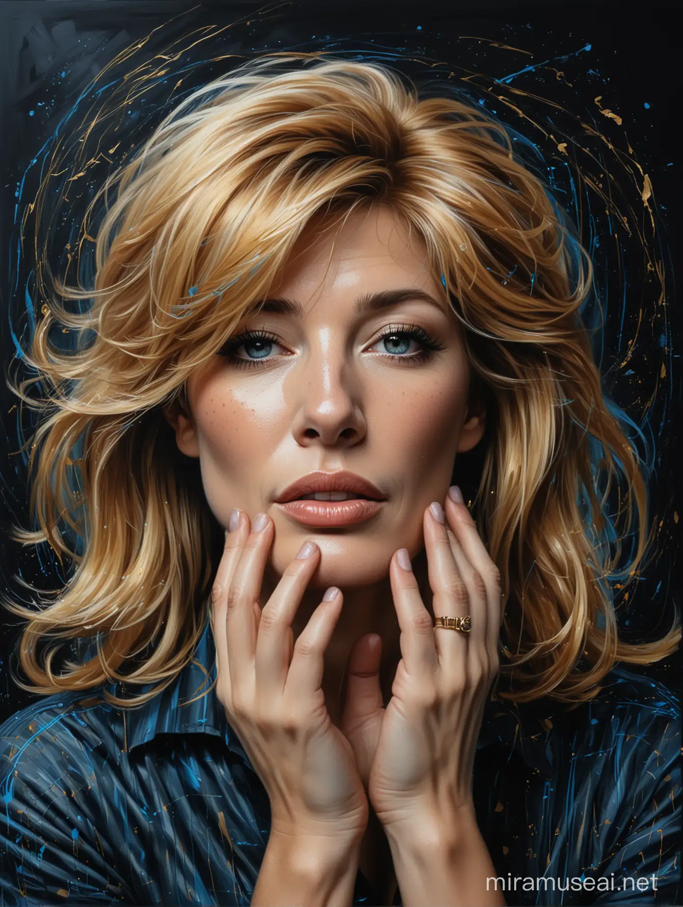 Monica Vitti. She has her hands near her face, The background is a black space with golden and blue lines swirling around the avatar., Oil painting, New Classic style