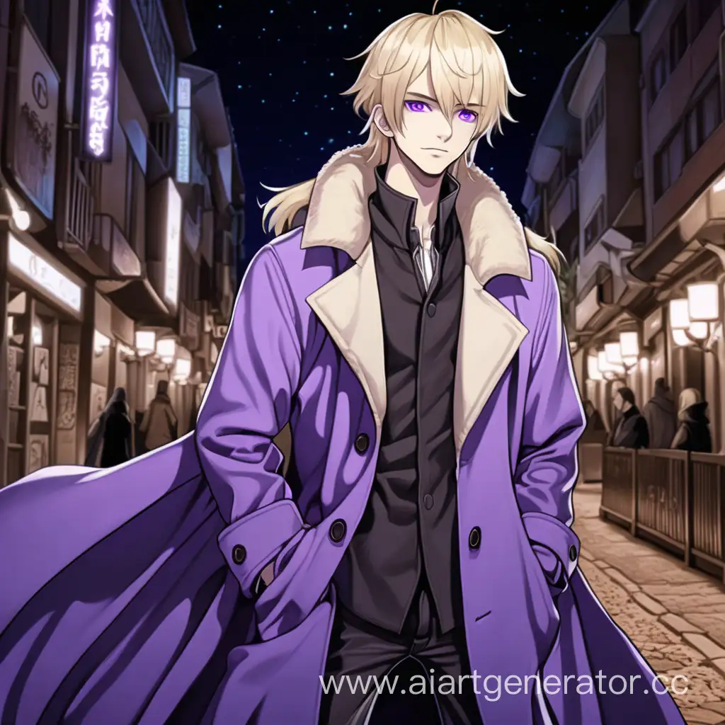 молодой парень блондин с фиолетовыми глазами в очень длинном плаще в полный рост в аниме стиле ночь