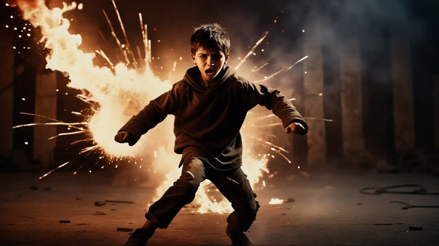 powerful action shot of a fearless young boy fighting in middle of battle, dynamic movement, sparks flying around the boy, fire in background, intense and raw emotion, cinematic color grading, photorealistic, dark theme palette --style raw --s 250 