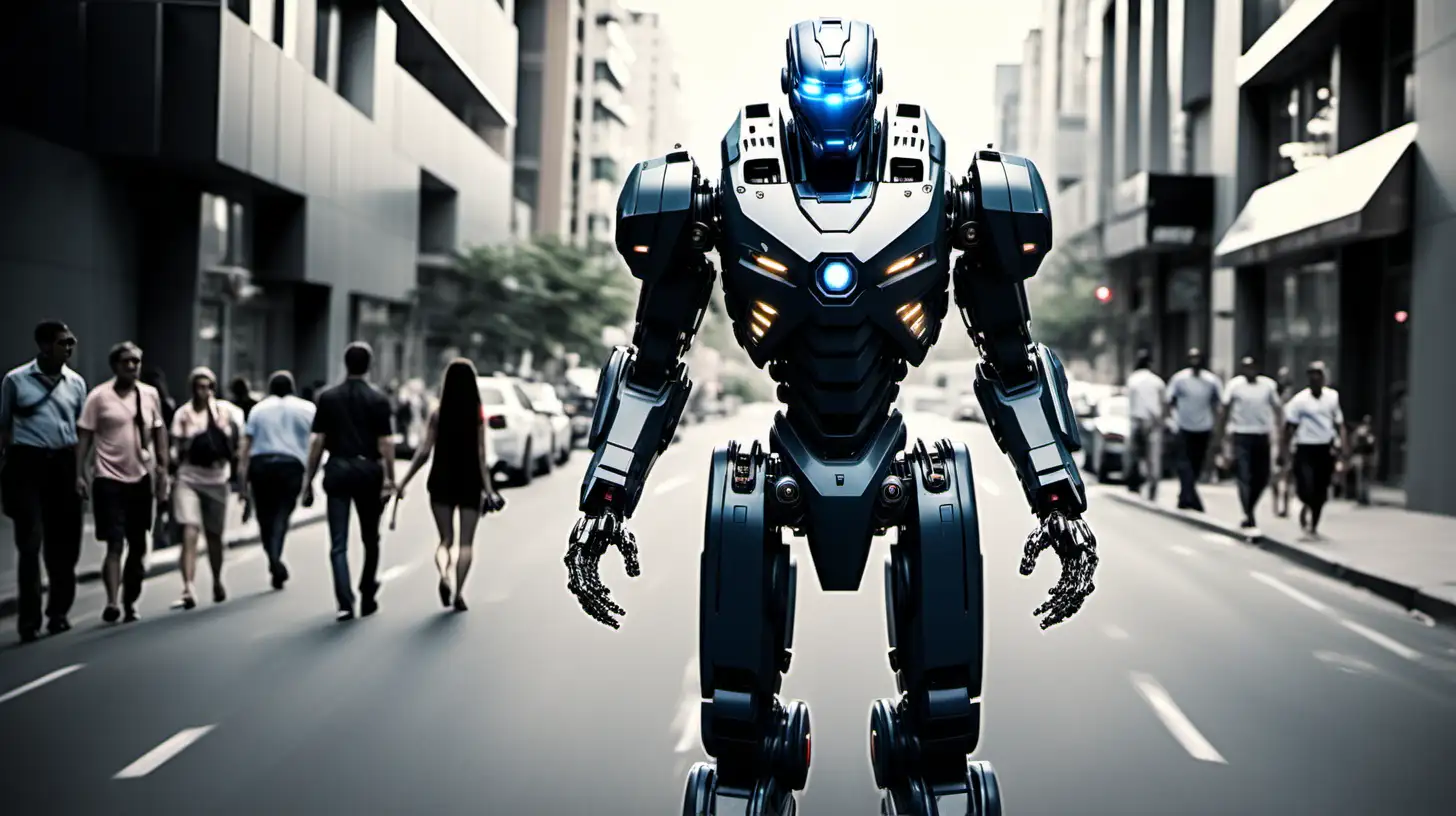 FULLY AUTOMATE WAR MACHINE IN THE STREETS PATROLING WITH HUMANS GOING FOR THEIR NORMAL JOBS