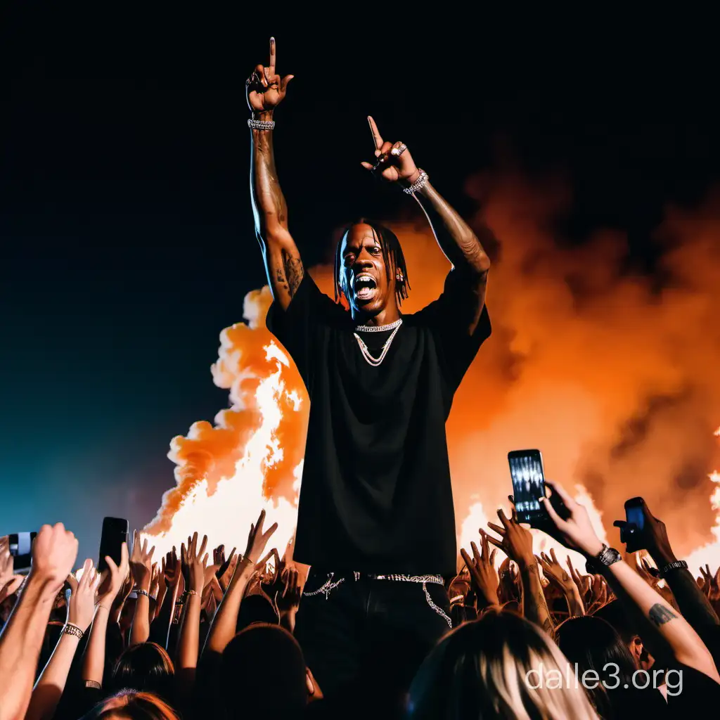 travis scott face forwarding screaming shirt off hands up in the air with fire towers behind him, and a super hype crowd in front of him with travis scott on stage, super hype setting, dark 