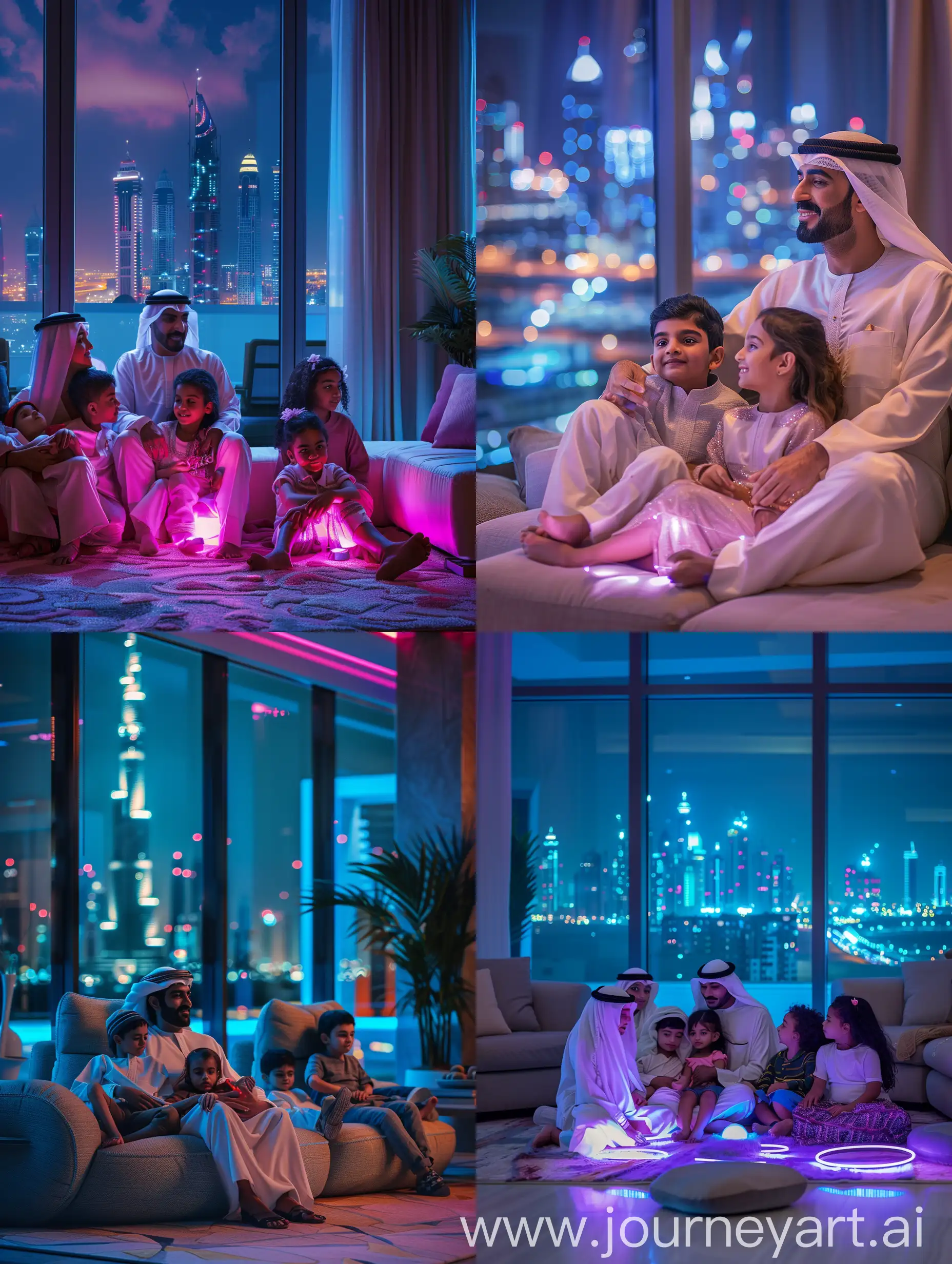 Arabic sheikh with children, chilling in a luxury arabic modern villa with LED lighting, Dubai night city in the window in the background, detailed professional shot